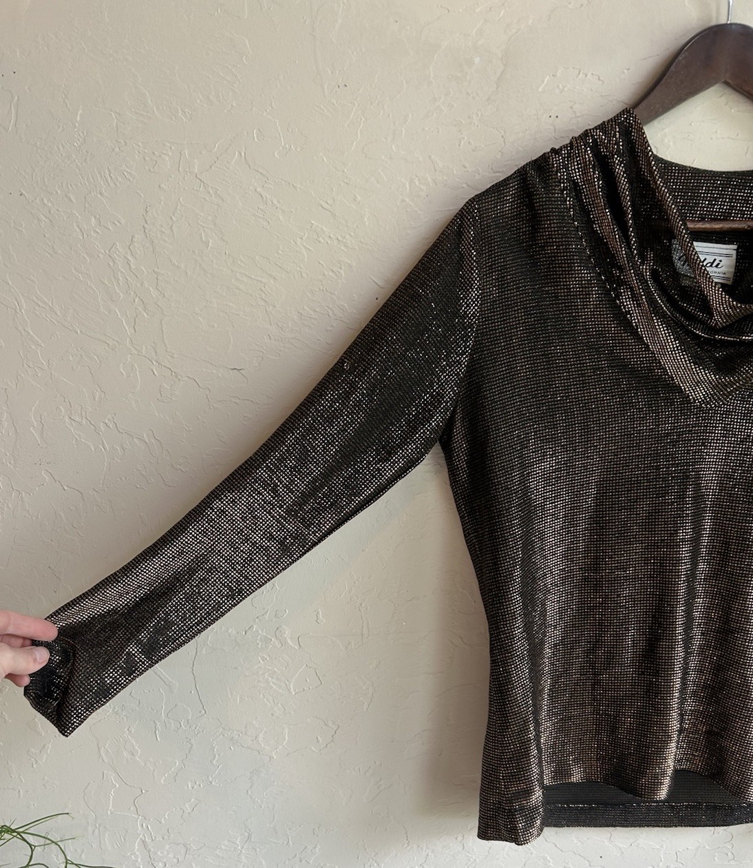 Vintage 1970s Teddi Of California Metallic Top 10 Cowl Disco Glam Bronze Lamé