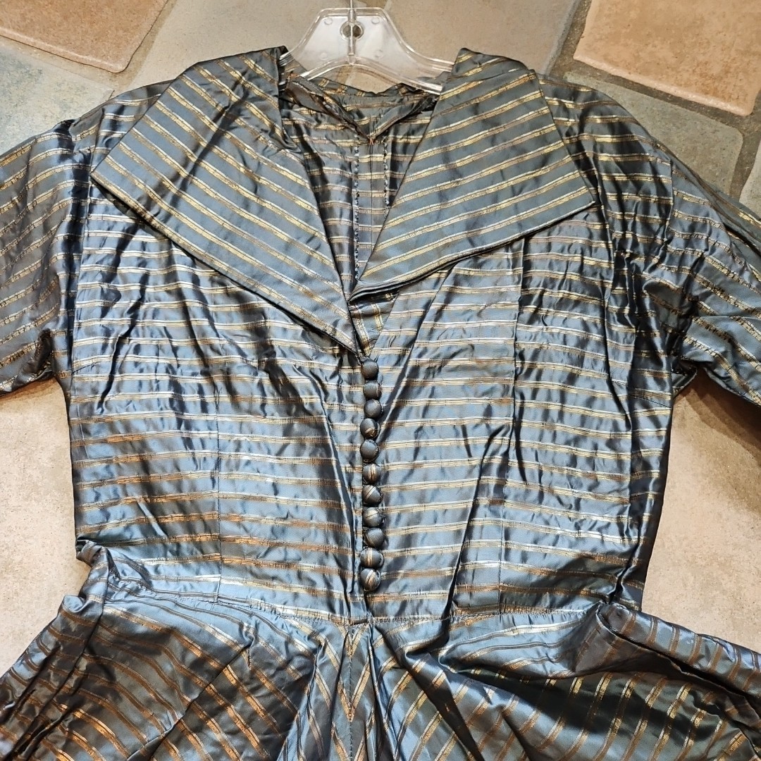 Vintage 50s Stunning Blue Gray/Gold Evening Cocktail Party Dress Circle Skirt S
