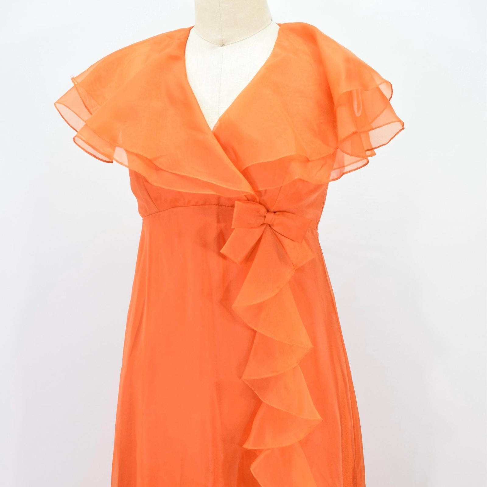 Vintage 70s Gown 2 Orange Sheer Organza Empire Waist Cape Sleeve Glam Formal