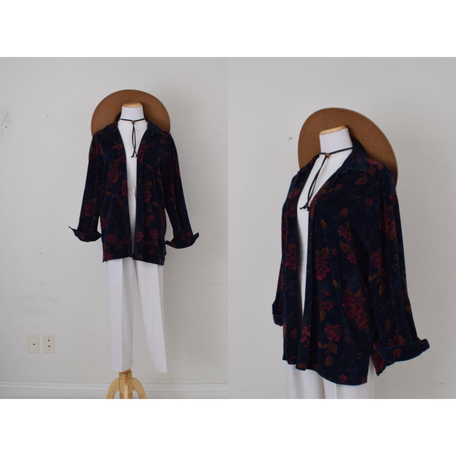 Vintage 80s Cotton/Poly Dark Navy Floral Print Blouse | size Large