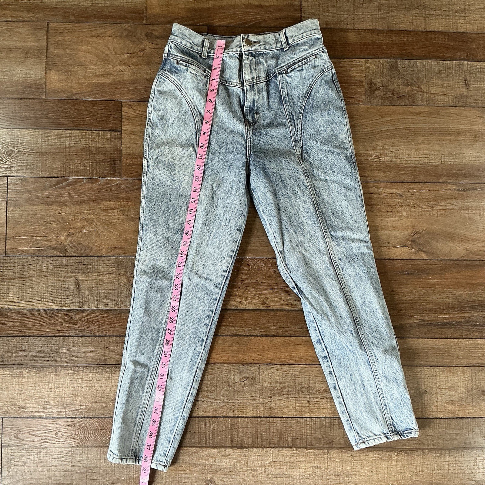 80s VINTAGE Acid Wash High Waist Tapered Leg Jeans Size 13/14 No Pockets #221104