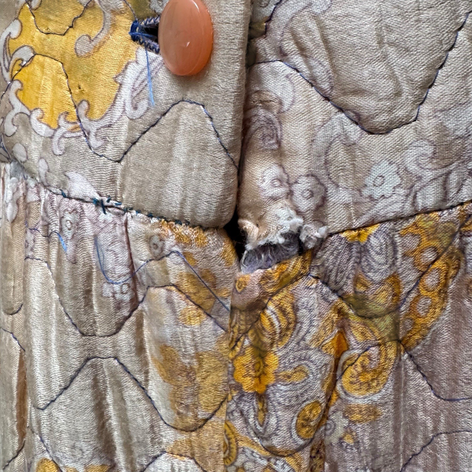 Vintage 1960s Quilted Hostess Gown Pink Sash Lounge Robe Psychedelic Print