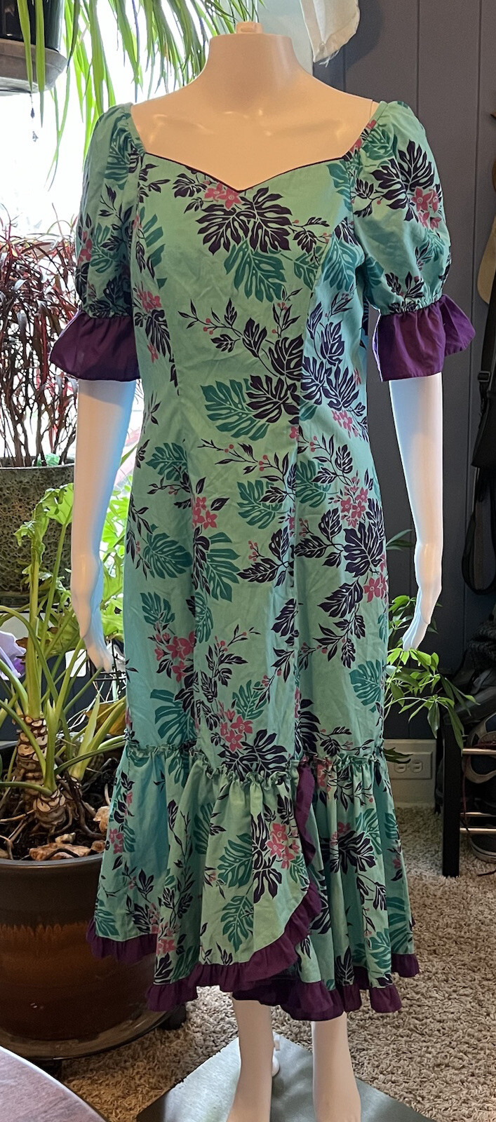 Vintage Naupaka Hawaii 1980s Ruffle Blue Purple Plant Monstera Tropical Womens 9