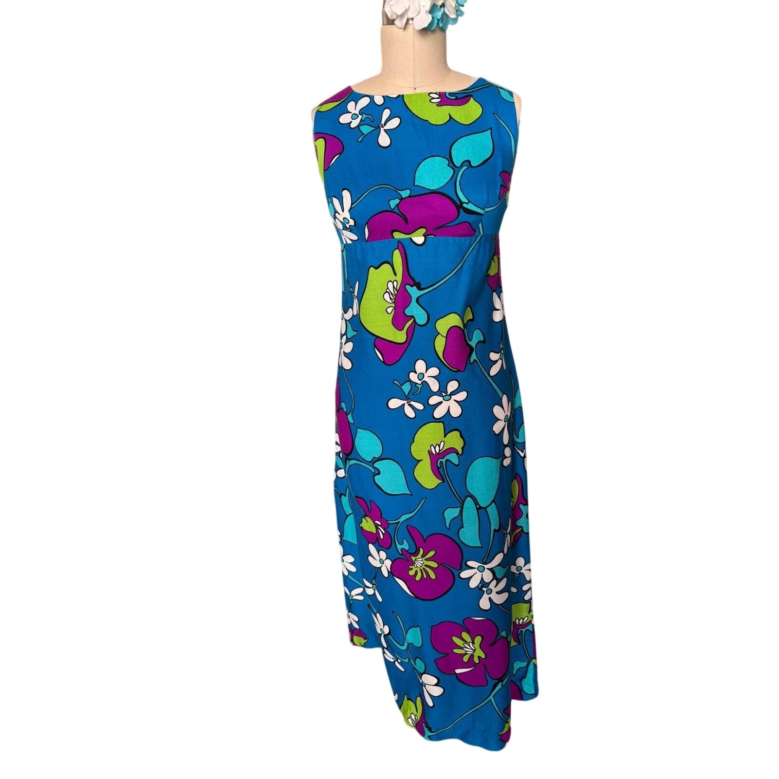 Liberty House Hawaii Psychedelic Floral Maxi Dress Blue Aloha S Vintage