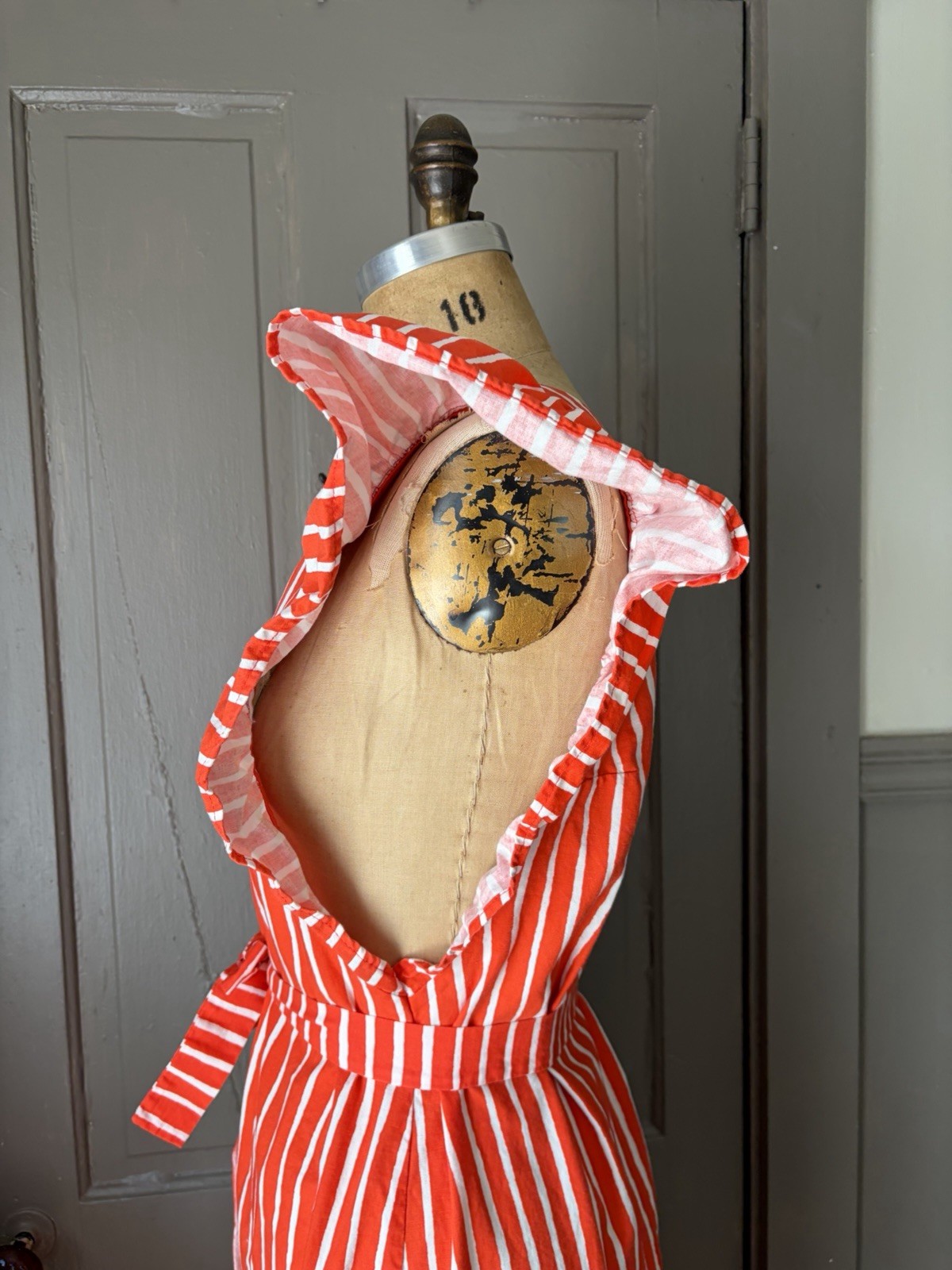 Vintage 1960s 1970s Marimekko Mariessu Red White Piccolo Stripe Apron Dress S