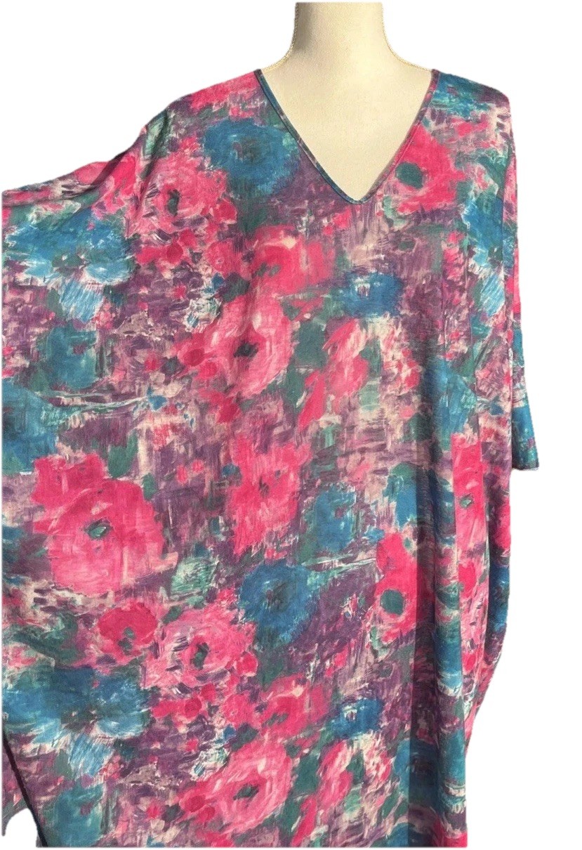 Caftan Lounge Dress Batwing Floral Plus Size Pink Blue Made USA Vintage