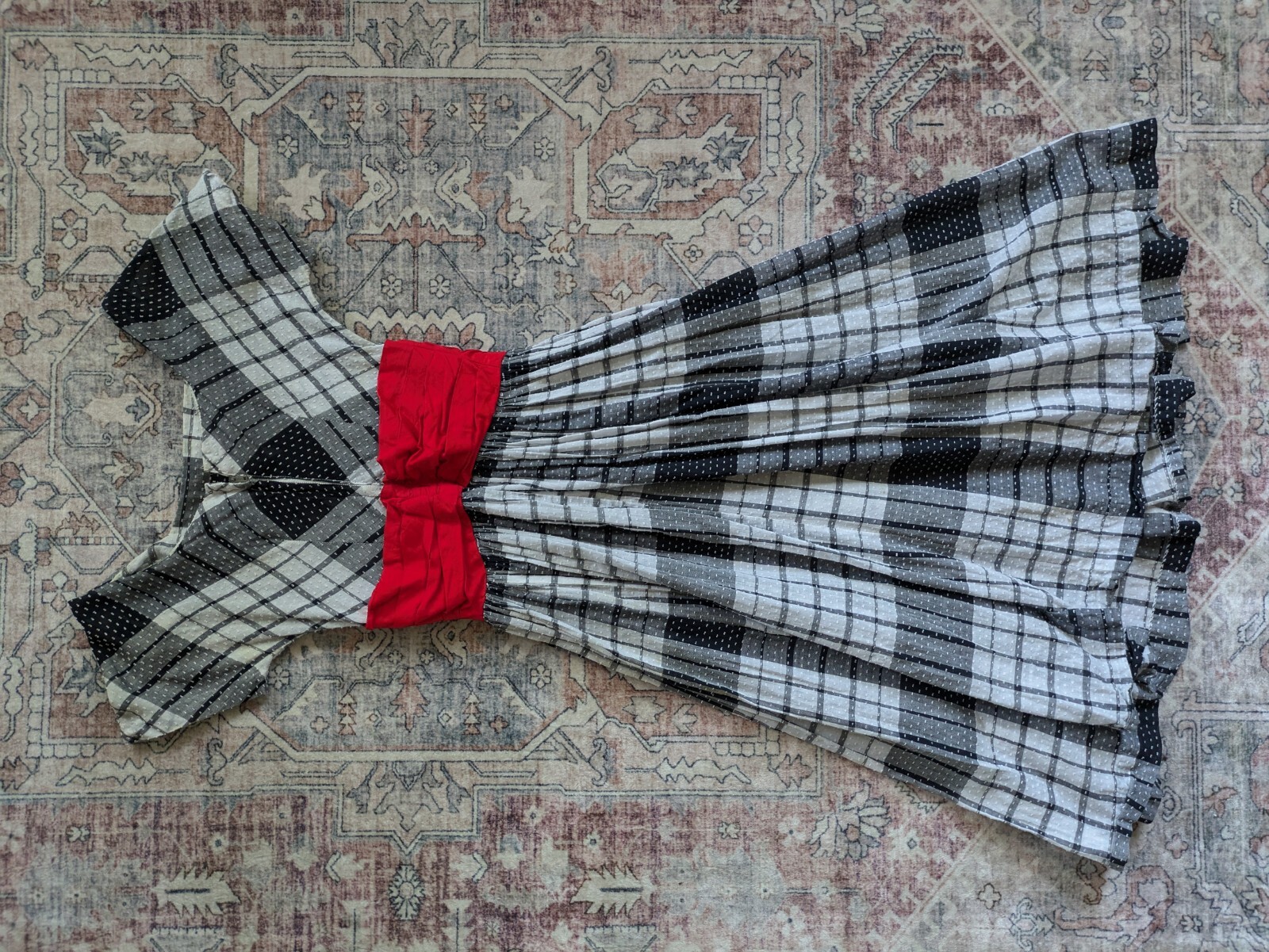 Vintage 1950s Lana Lobell Plaid Dress Red Scarf Waist Short Sleeve