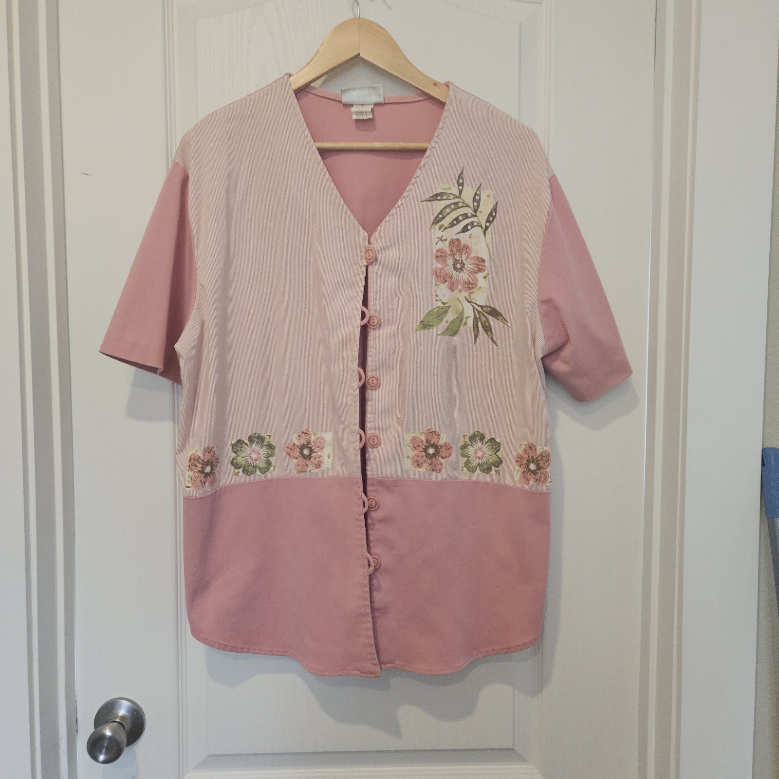 Vintage Graff Pink Floral Patchwork Button Up Over Shirt 90s Grandmacore Large