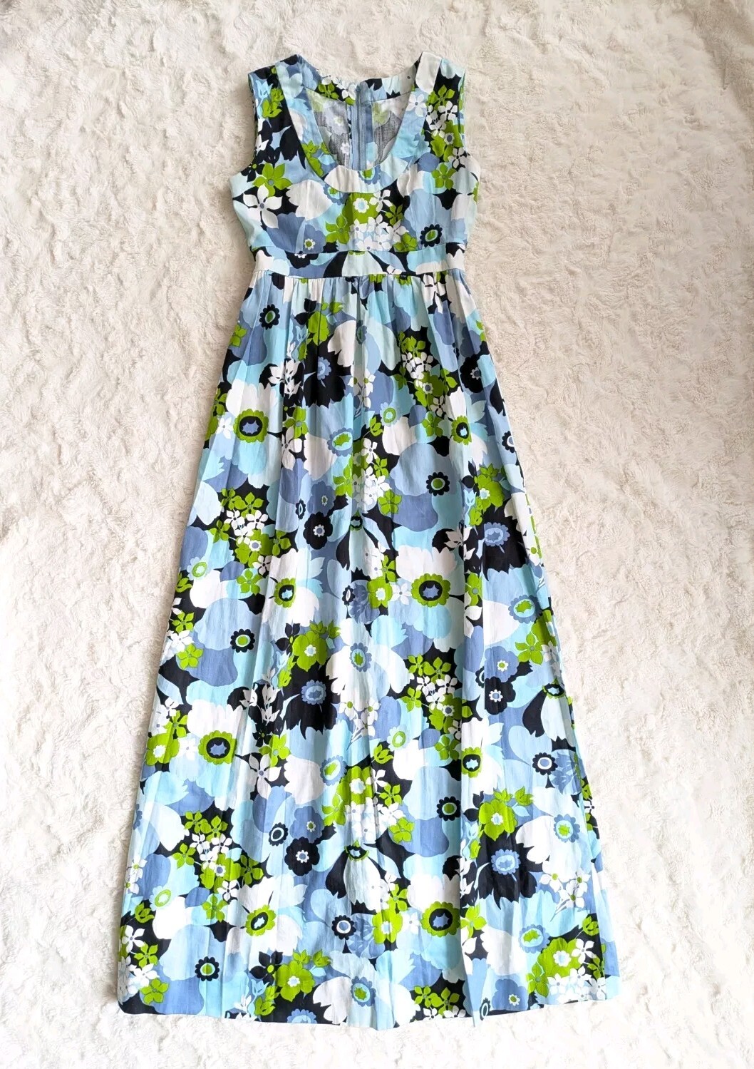 Handmade Groovy Blue Green Flower Power Sleeveless Maxi Dress Fit Flare