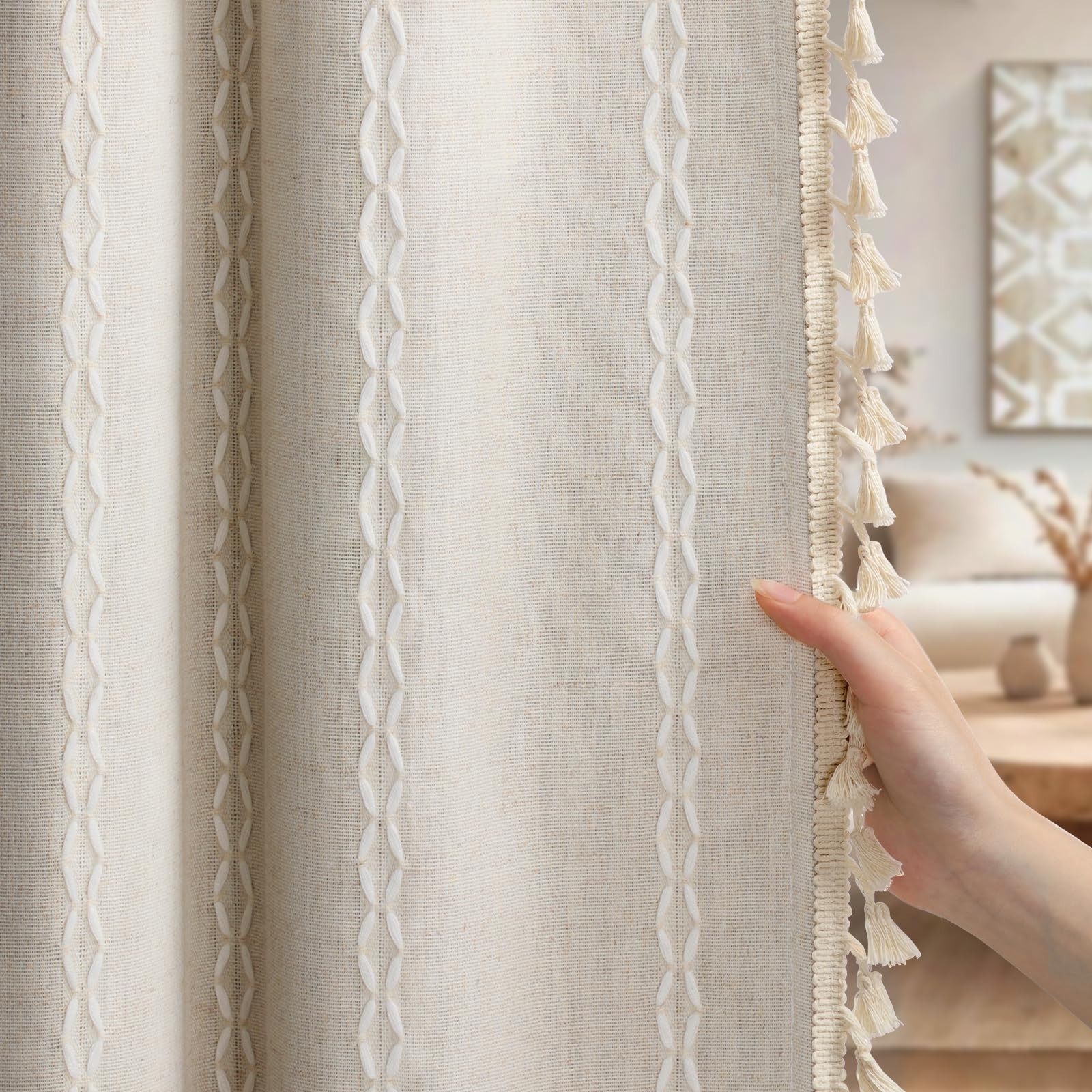 Boho 80% Blackout Curtains with Gray Liner 84 Inches Long 2 Panels Set, Beige…