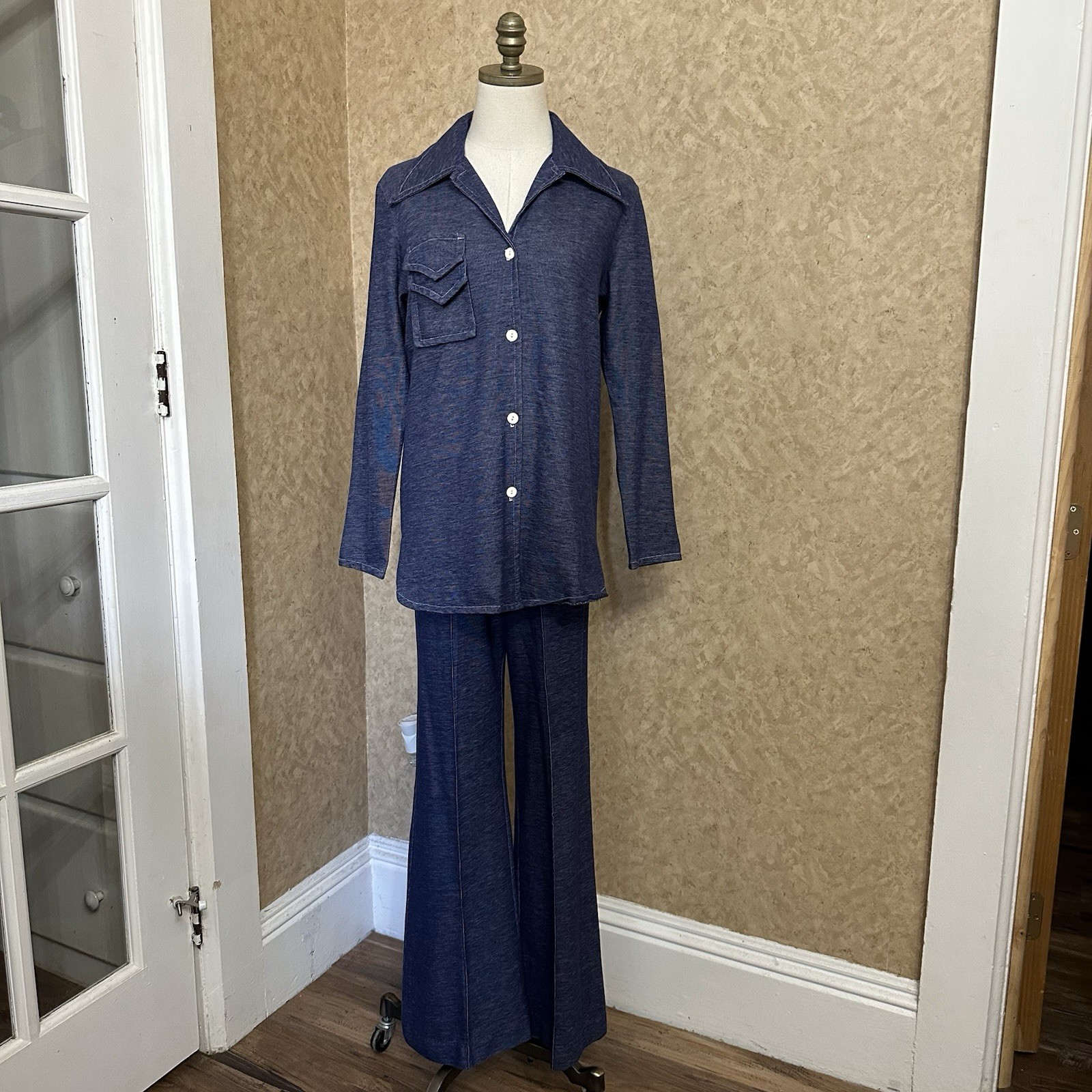 VTG 70s Leisure Suit Jean Denim Look Jacket Shirt Bell Bottom Matching Set