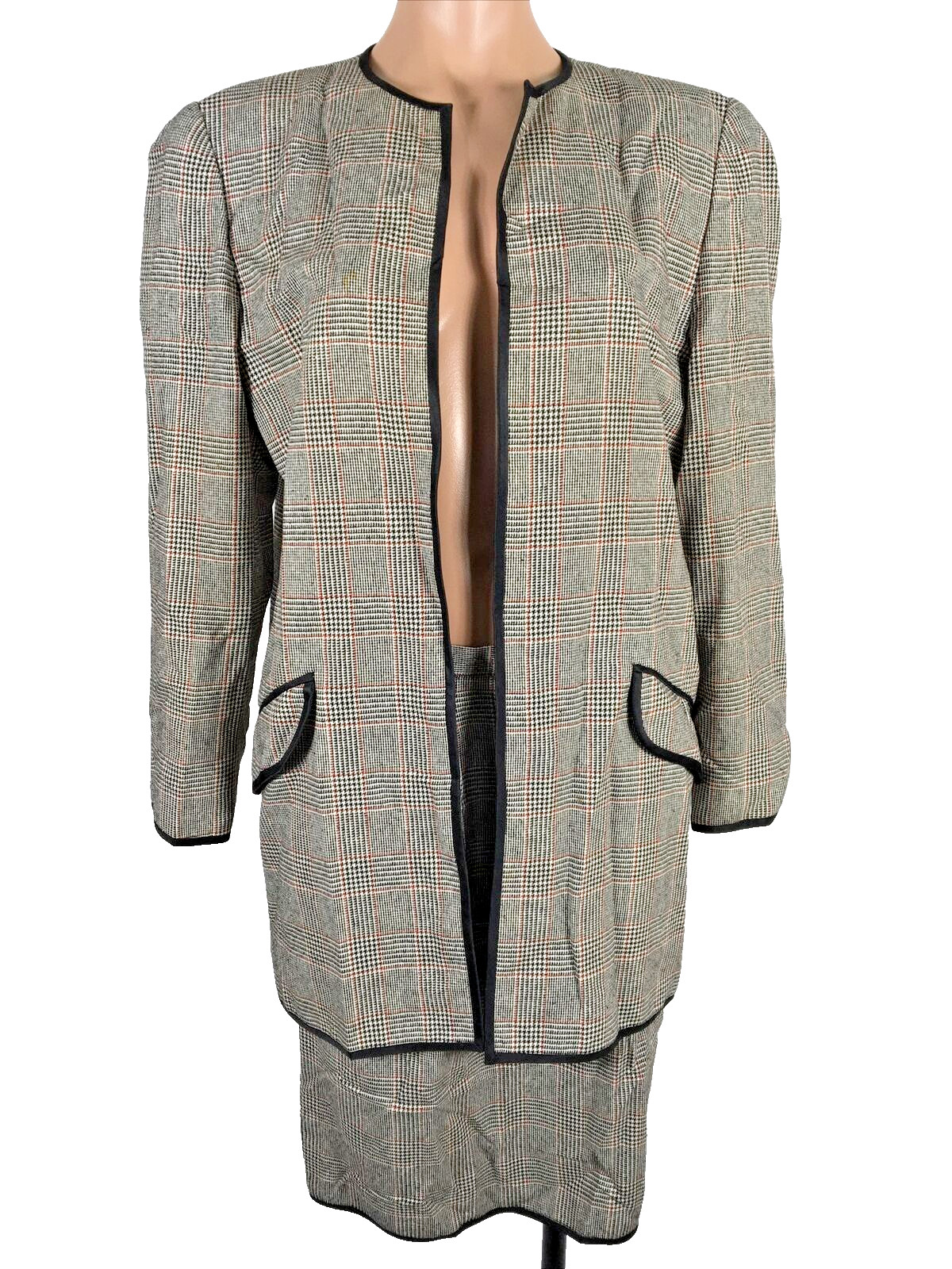 Vintage 80s Stanley Platos Martin Ross Sz 10 Plaid Black Skirt Suit MOD Retro