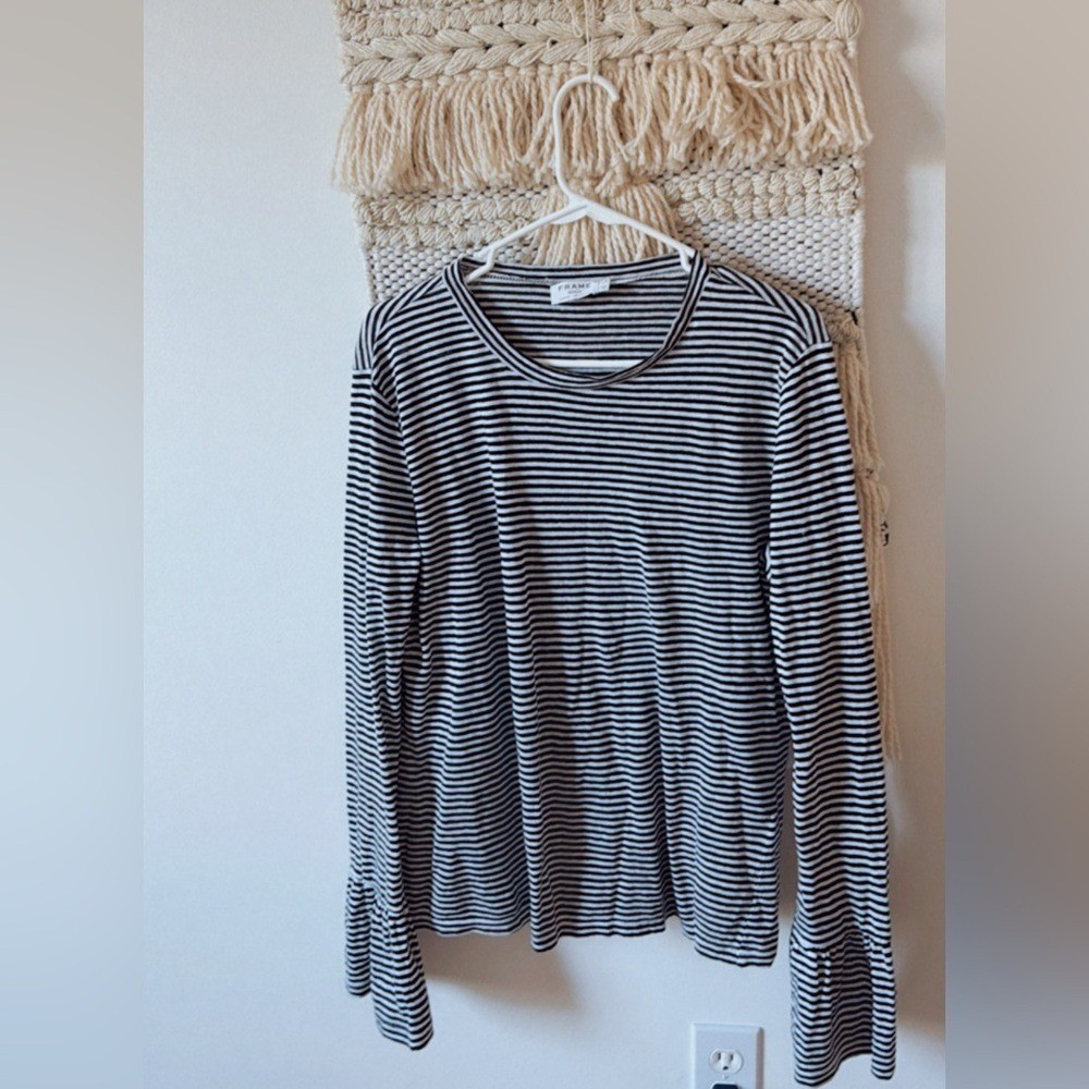 Frame 100% Linen Long Sleeve Striped Ruffle Cuff Top Size Medium