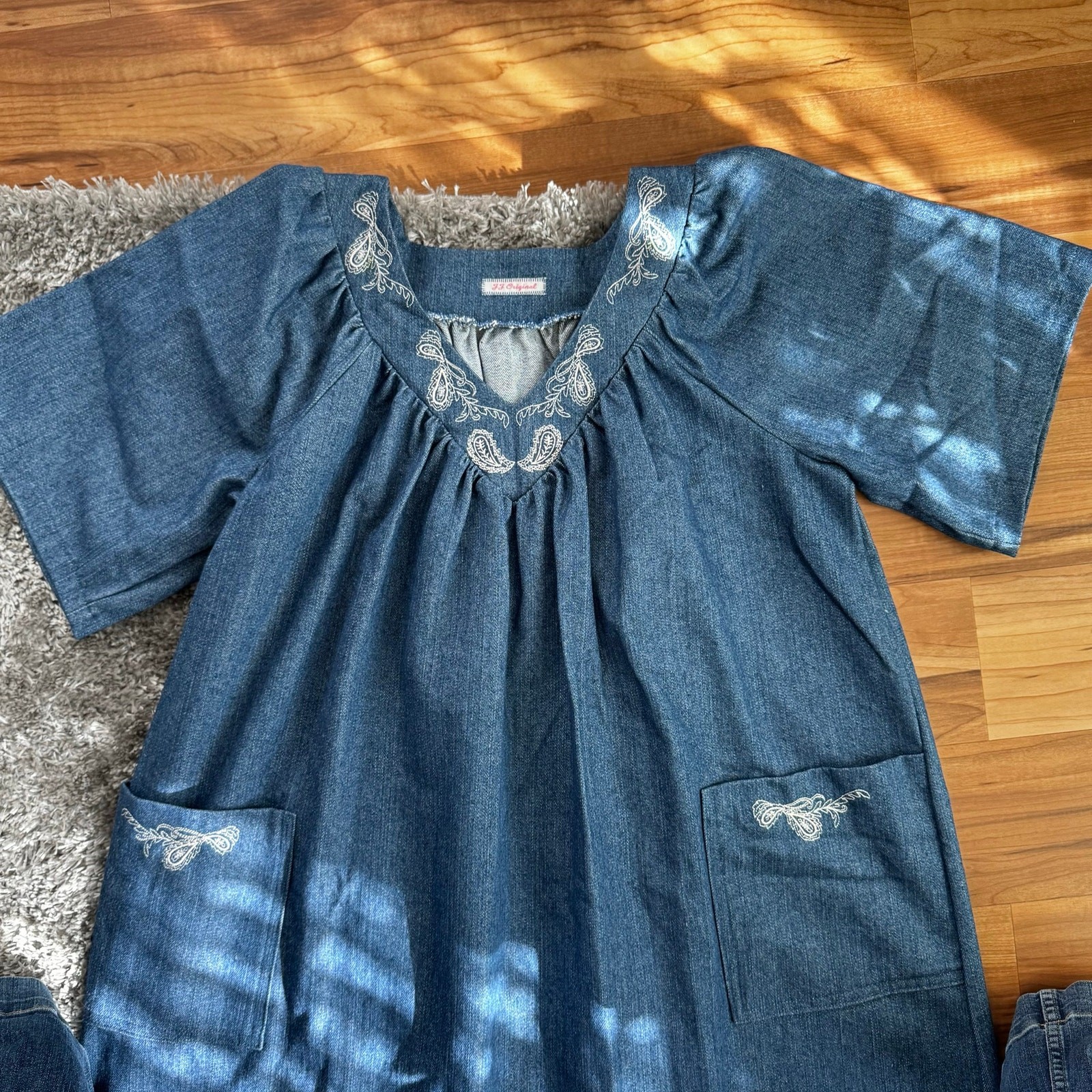 VTG Handmade Cotton Denim Caftan Smock Mumu House Dress Size Small