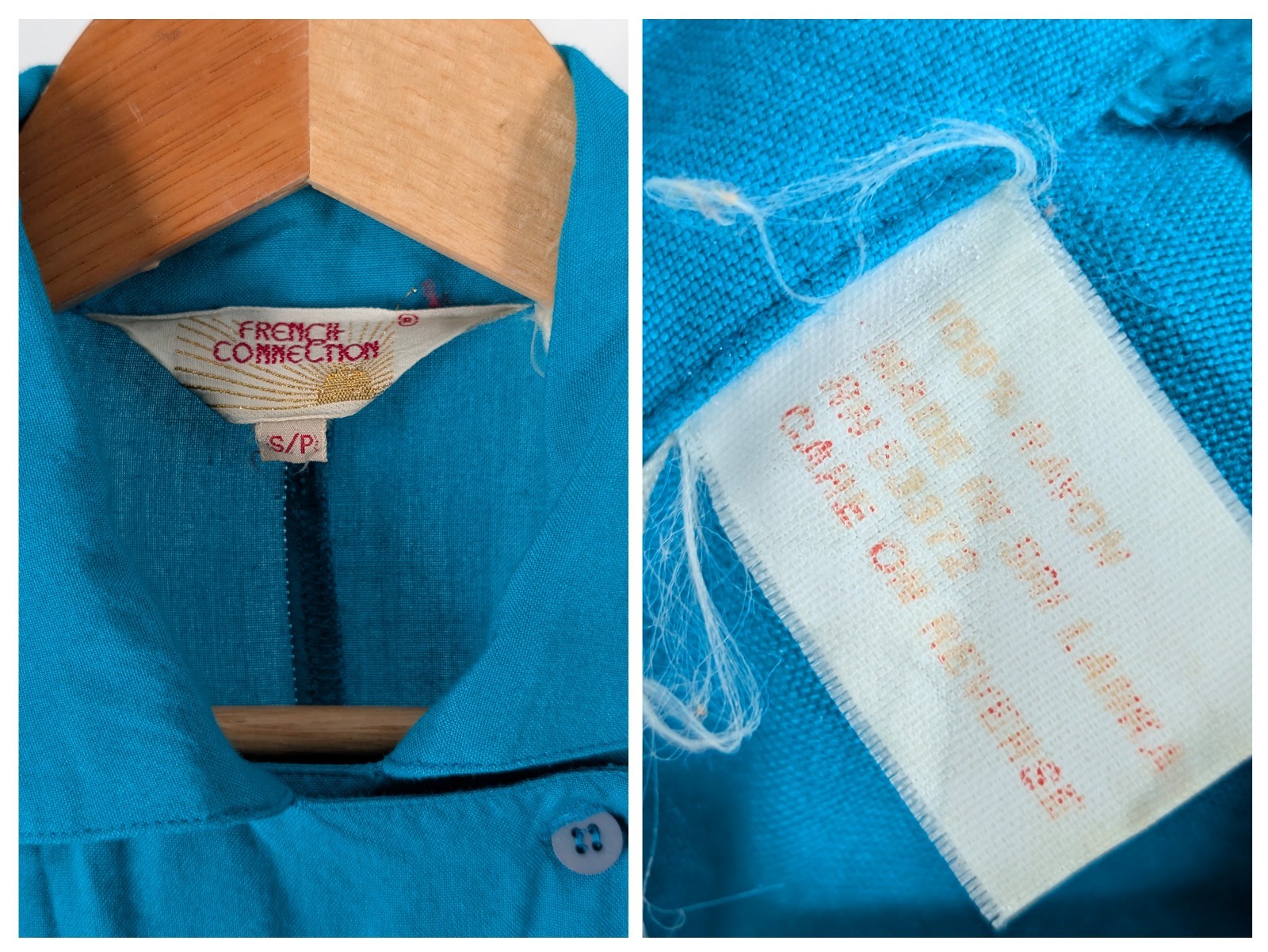 Vintage French Connection Double Breasted Blouse Teal Rayon Batwing Sleeve S