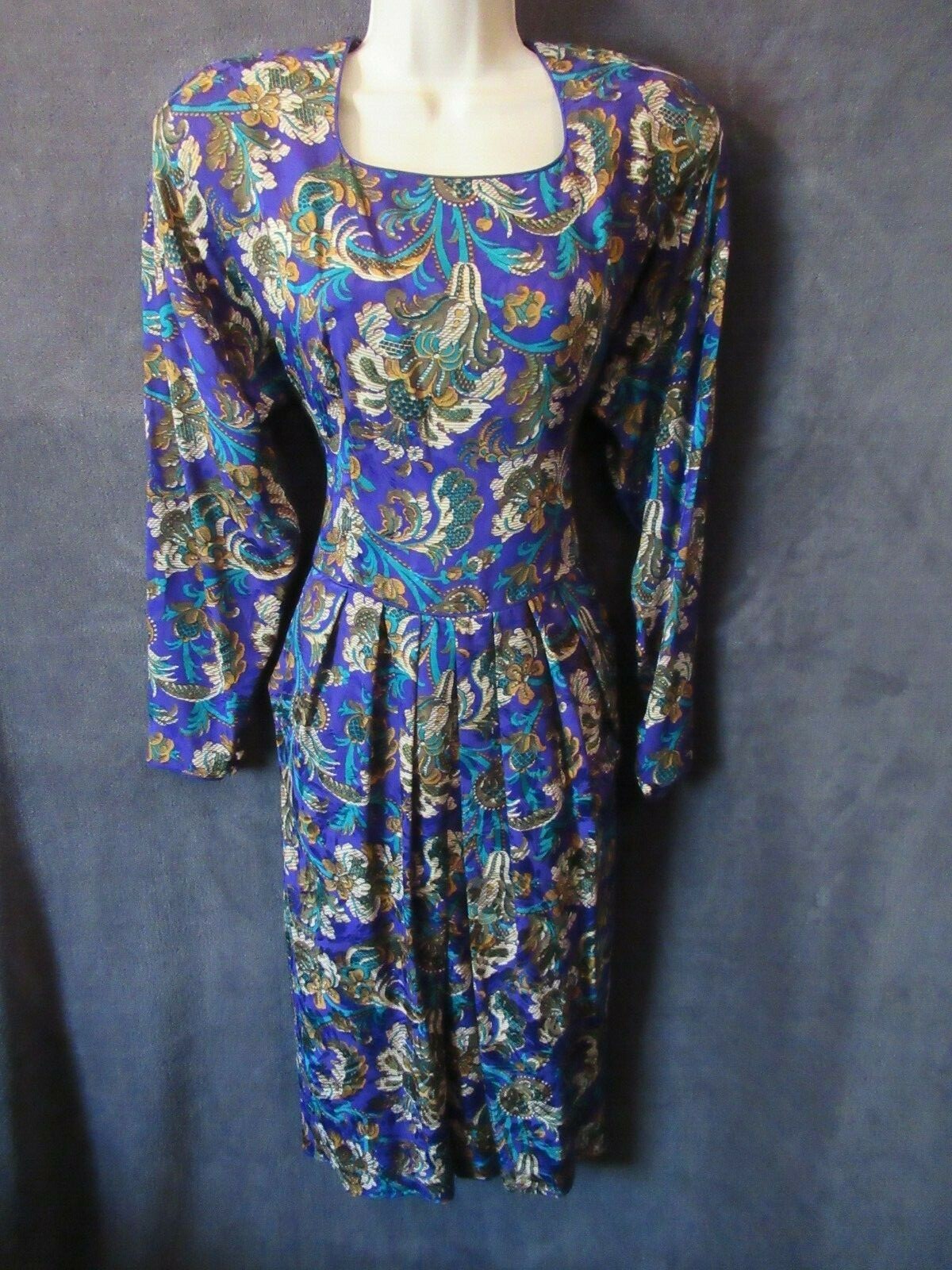 80’s Vintage Maggy London Jeannene Booher Royal Purple Teal Silk Paisley Dress