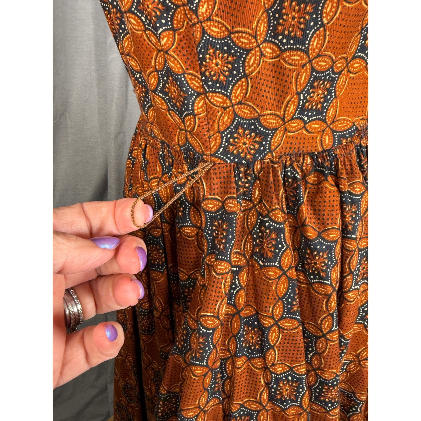 Vintage Saks Fifth Avenue The Kollection Batik Print Midi Dress Brown Yellow 12