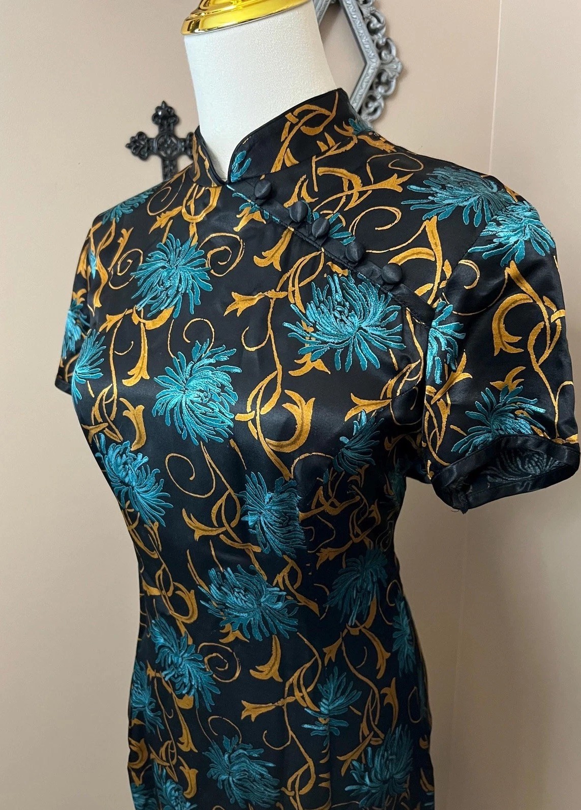 Vintage 90s Black Floral Satin Cheongsam Dress Whimsigoth Gothic Size 10 Med