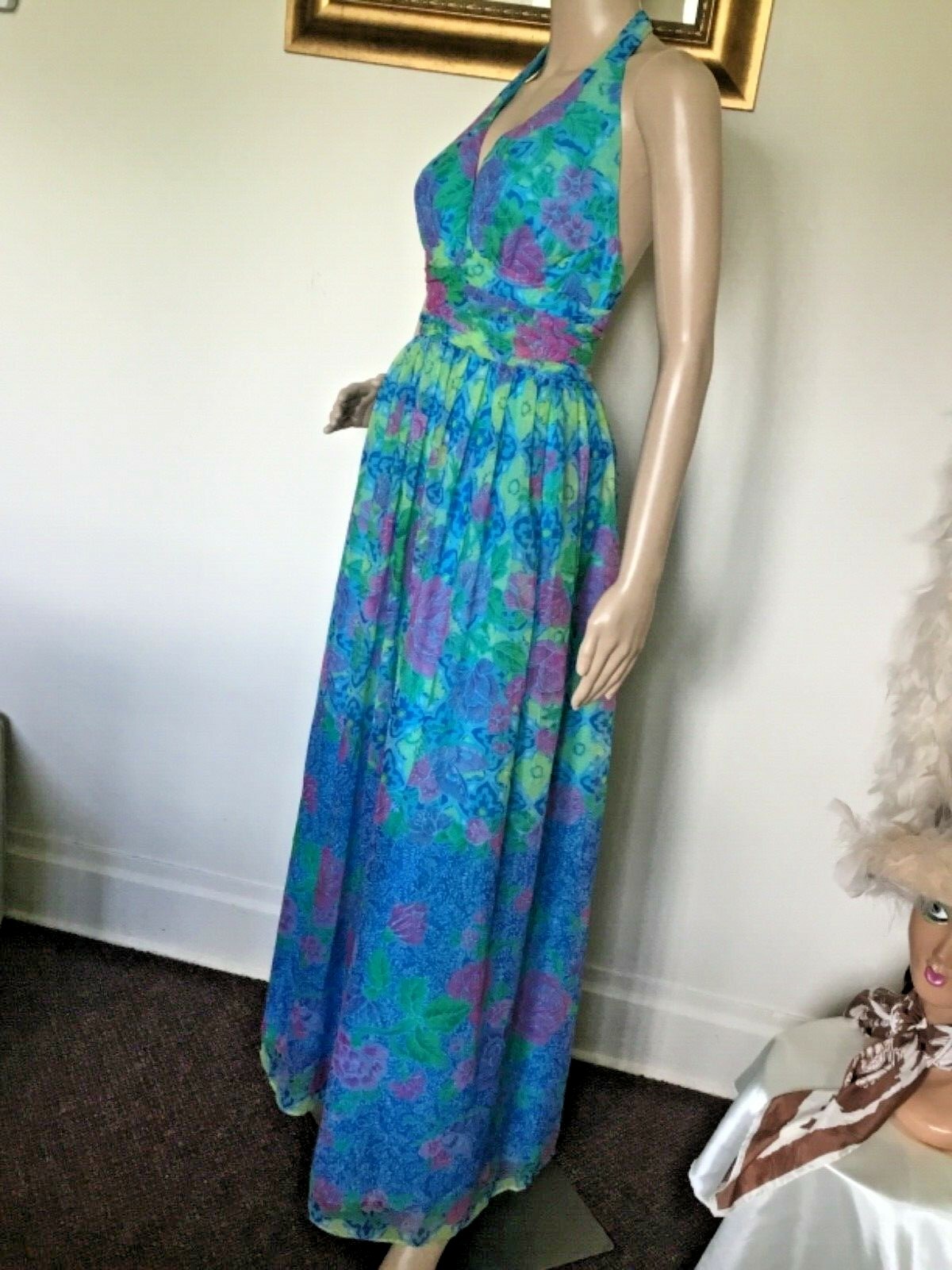 70’s Vintage Blue Neon Yellow/Pink Floral Sexy Halter Top Maxi Dress