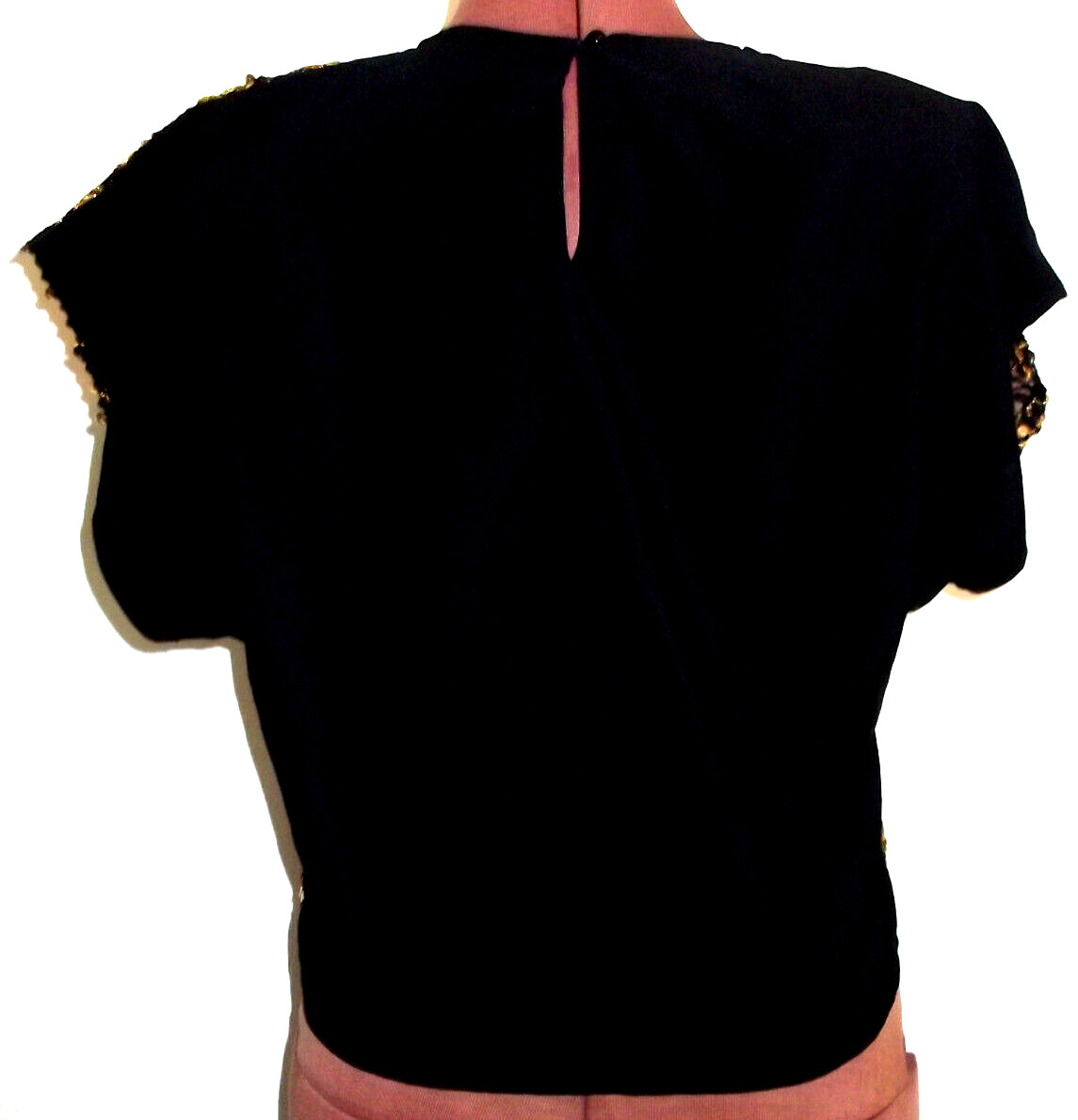 Vtg Black ADAMO Gold SEQUINED Pullover SHORT SLEEVE Evening Cocktail TOP/Size S