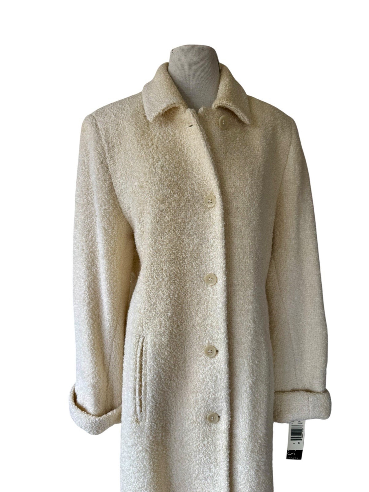 Vtg Anne Klein Classics Cream Wool Bouclé Long Coat Sz 8 Deadstock NWT