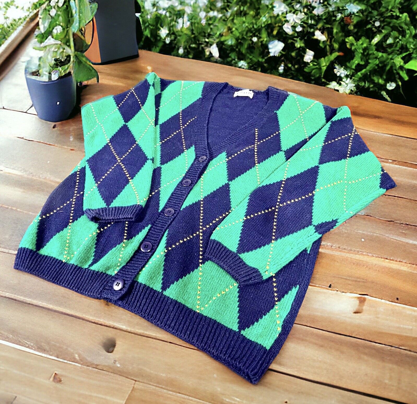 Vintage Izod Argyle Cardigan Sweater Green And Blue Size Medium M Secretary