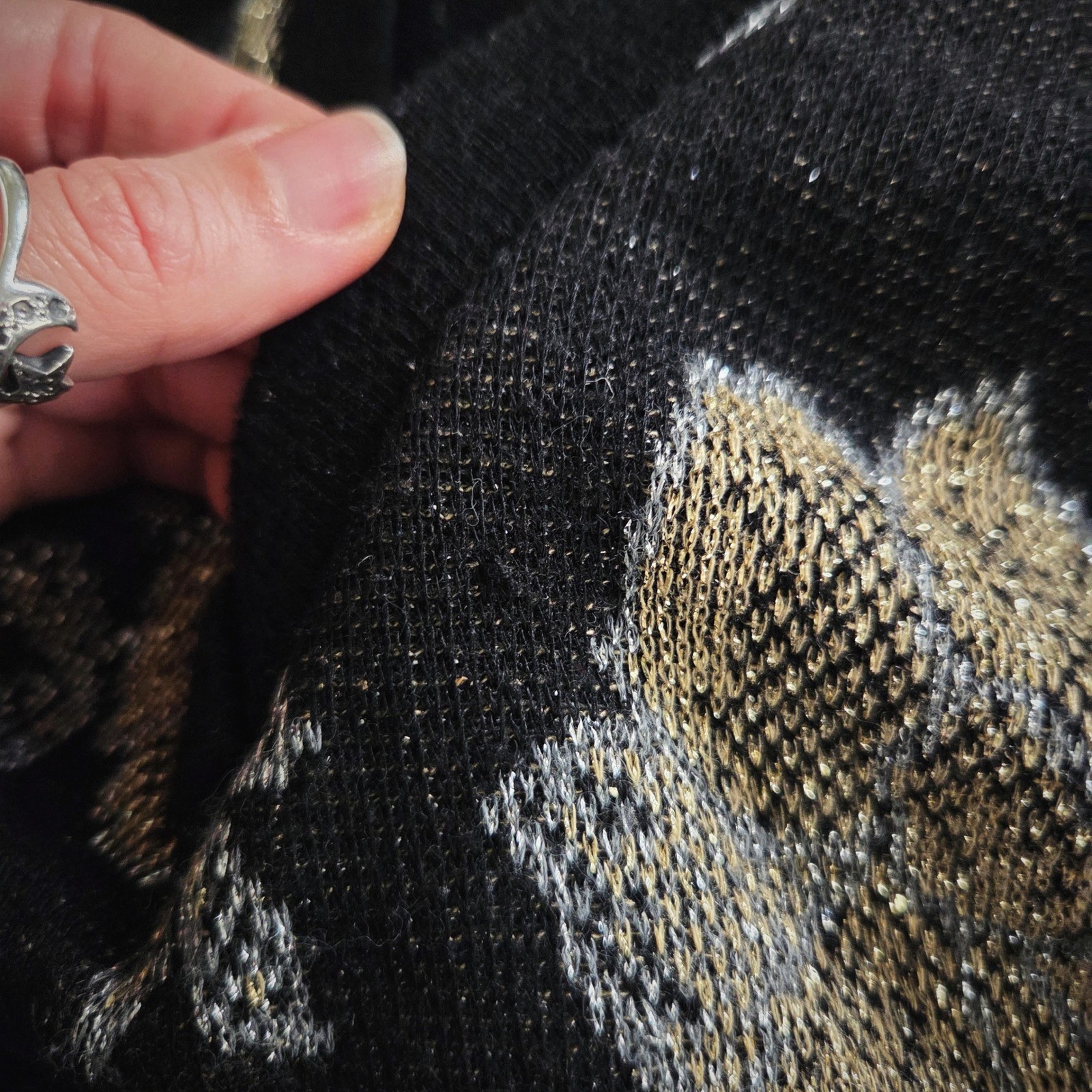 Vintage 90s Top Notch Metallic Floral Knit Sweater Black Gold V-Neck Long Sleeve