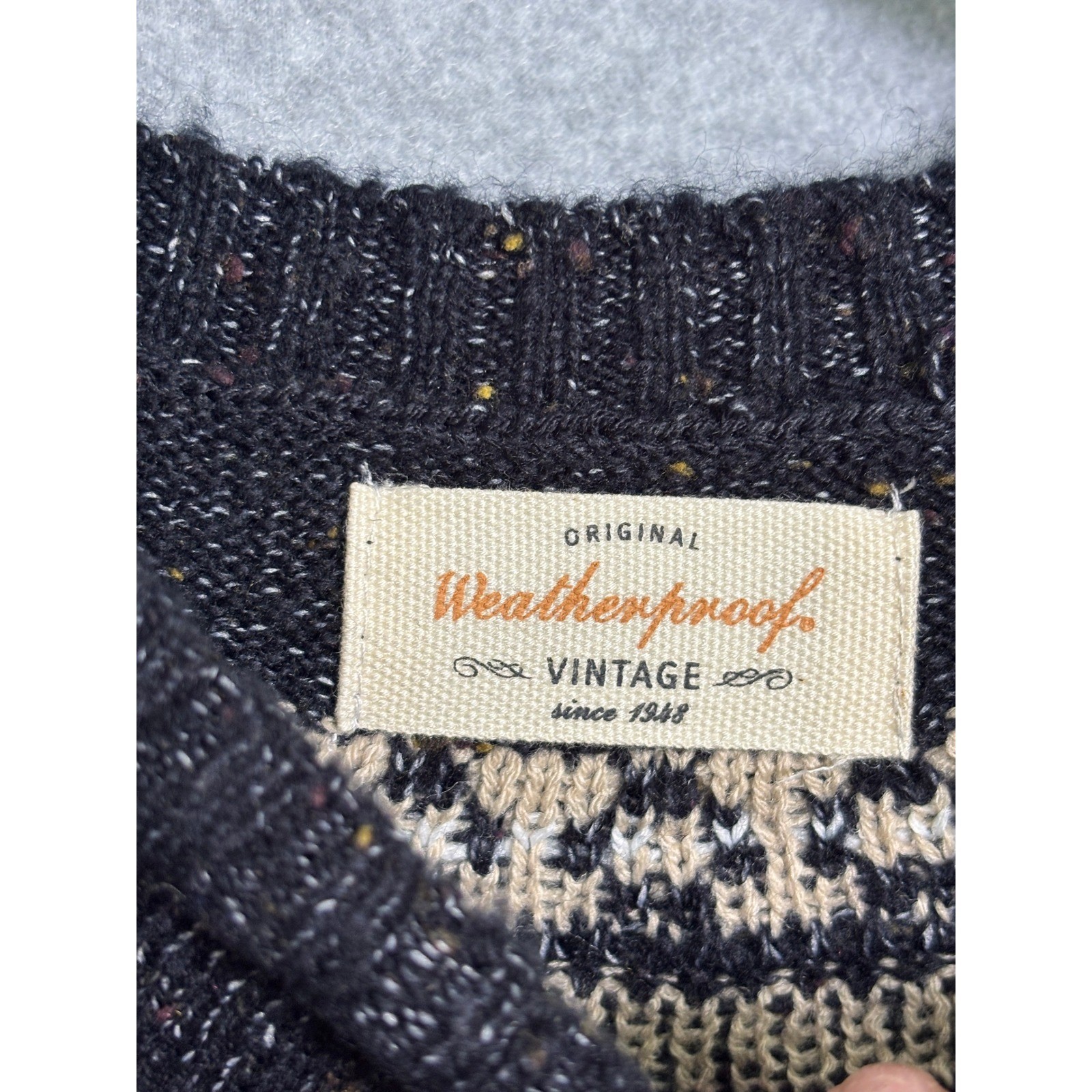 Weatherproof Vintage Fair Isle Sweater Black Cream Nordic Knit Pullover