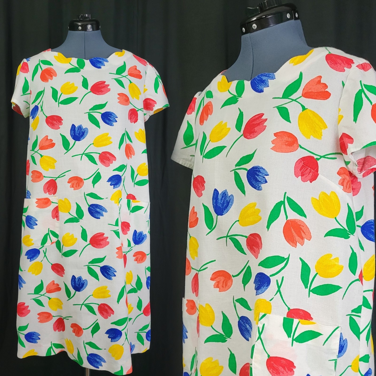 Vintage White A-Line Dress w Red/Yellow/Green/Blue Tulips Print Size Medium?