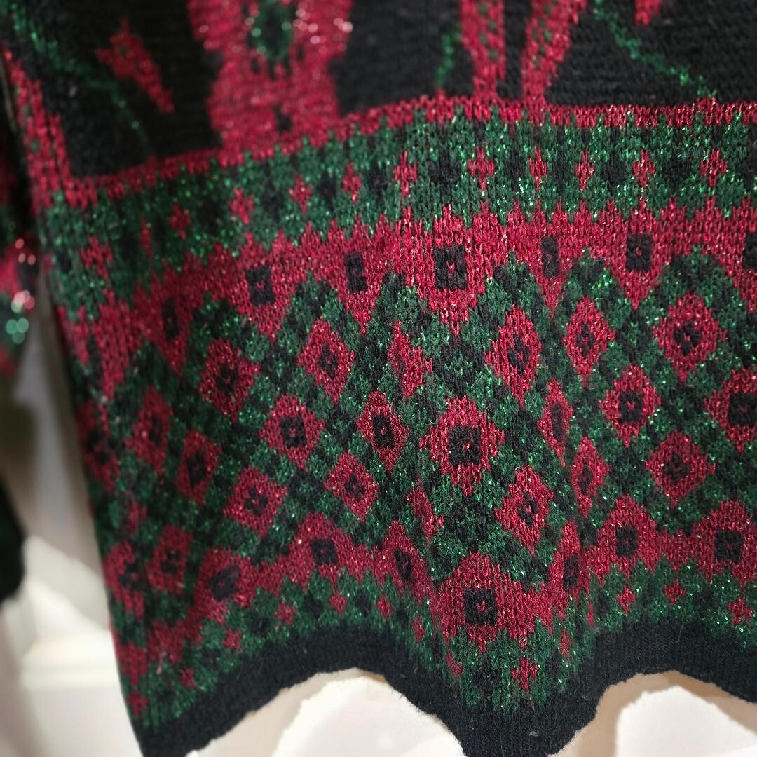Vintage 80s Red Green Metallic Floral Black Sweater Womens’ L? XL?-READ