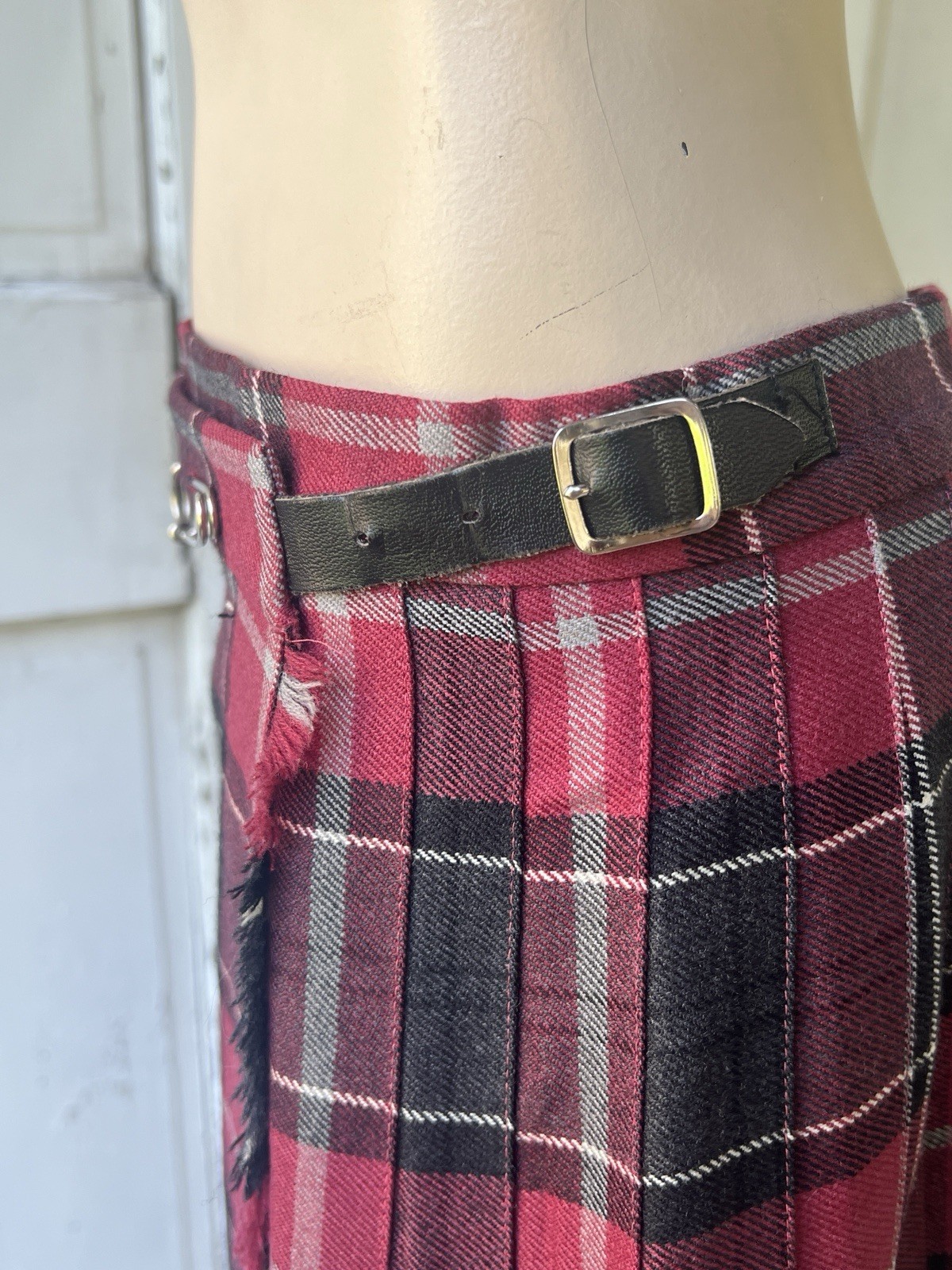 Vintage 80s Wool Kilt Skirt Pleated Buckle Back Wrap Plaid Black Red Gray Tartan