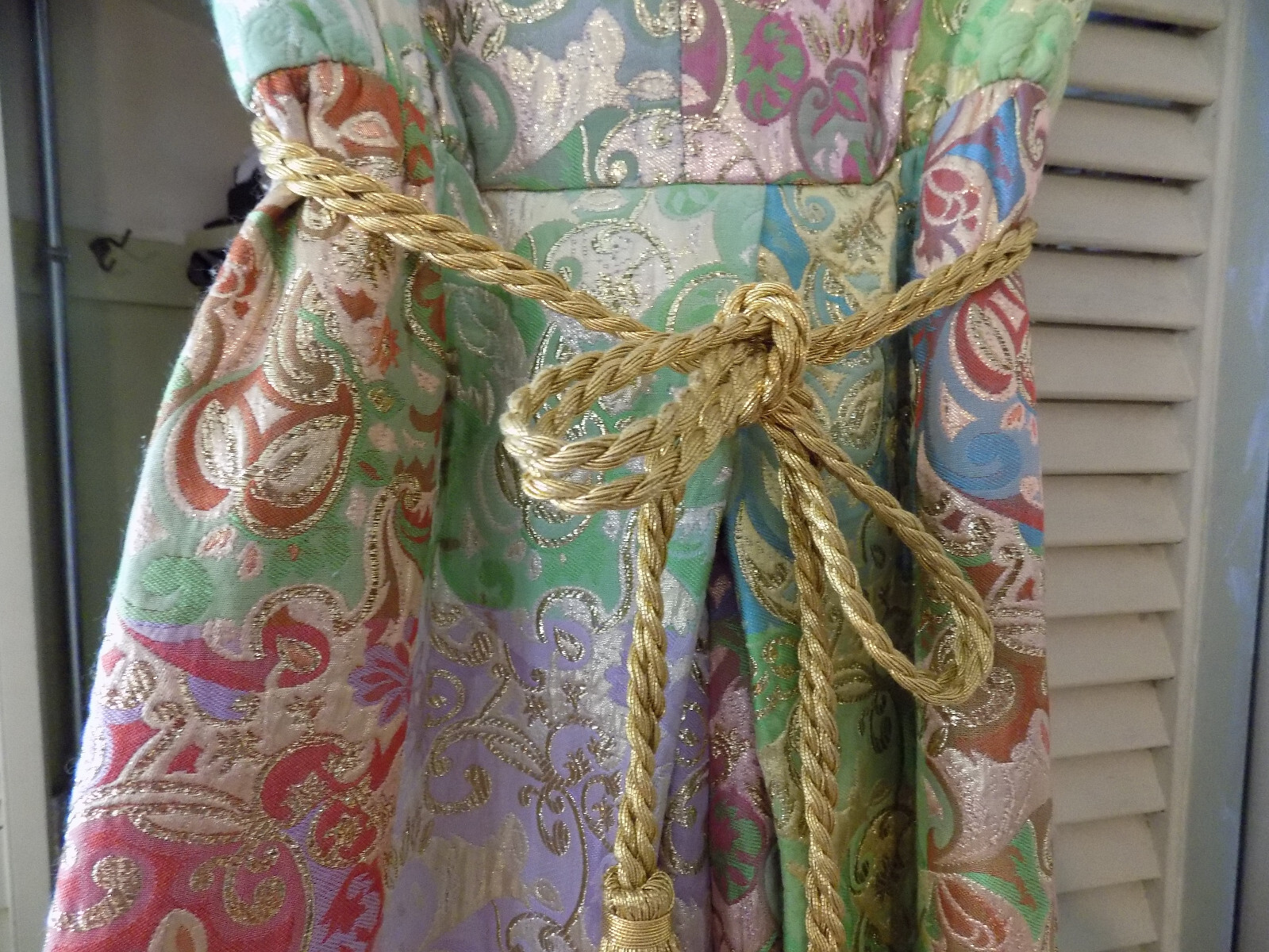 Vtg FAB 60s Joseph Magnin Metallic Tapestry Gold Pink Green Disco Maxi Jumpsuit