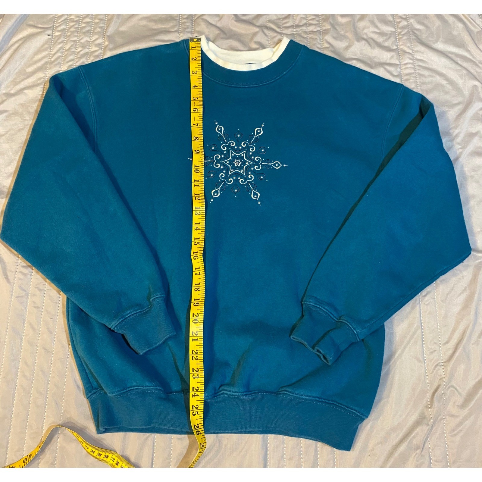 Vintage M&C Sportswear Snowflake Teal Sweatshirt Beaded Mock Neck Medium