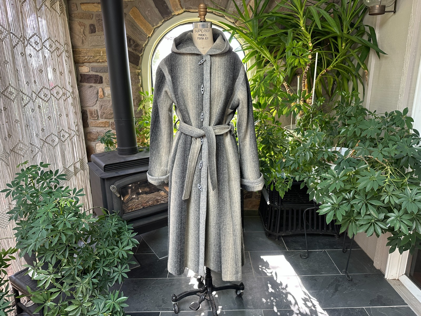 Vintage 1970s Variegated Gray Striped Wool Belted Hooded Coat Casa de Lana
