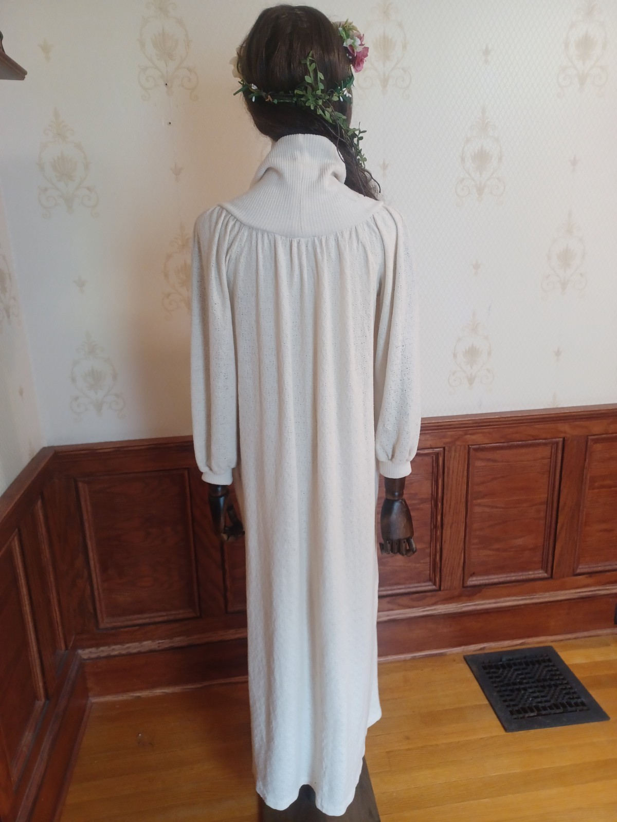 Vintage 1970s R. Michael Allen Ivory Boho Prairie Cowl Neck Knit Hostess Dress