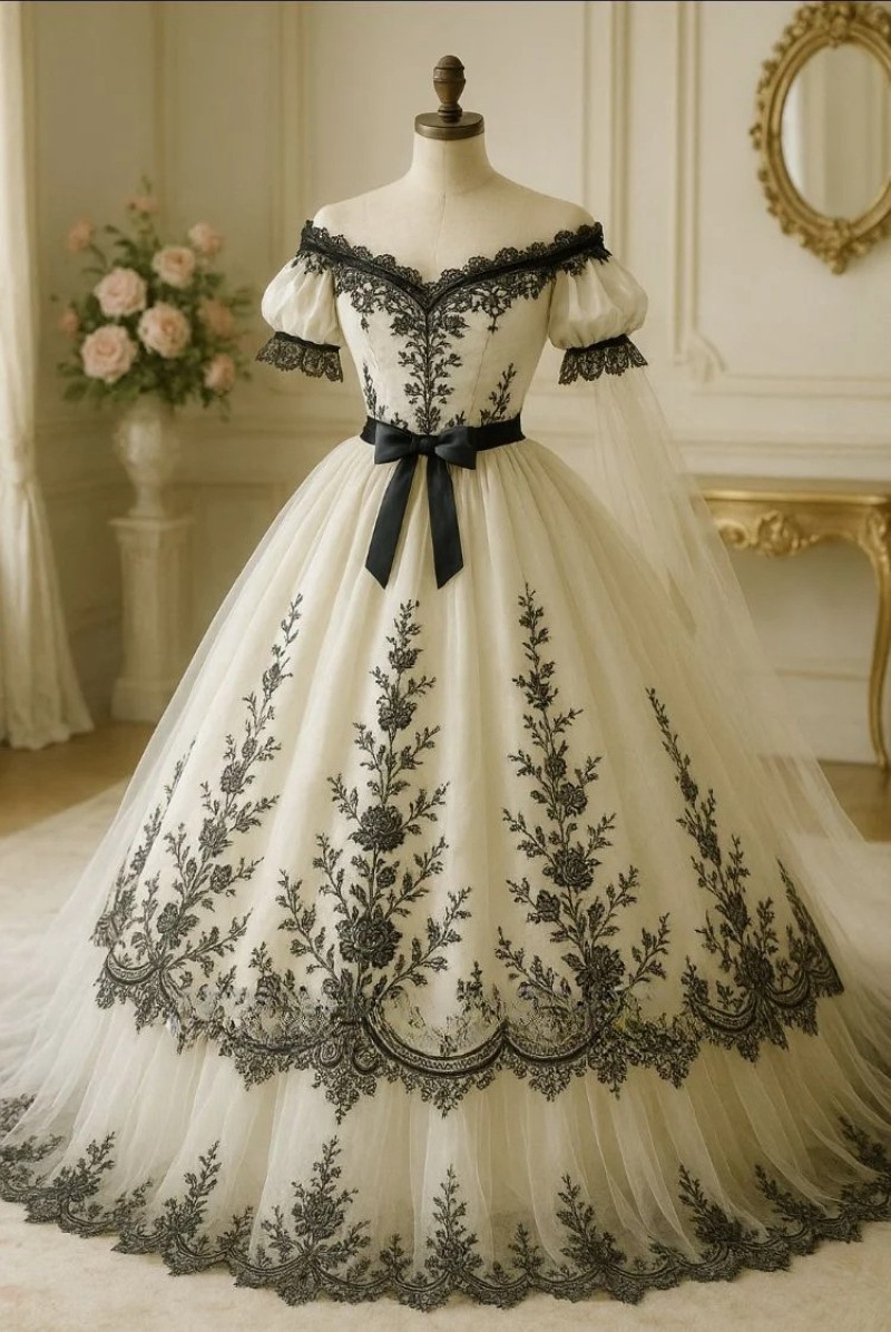 Custom Vintage Victorian Embroid Wedding Dress Lace Off Shoulder Bow Bridal Gown
