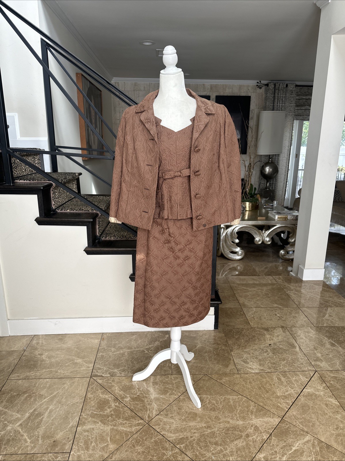 Sophie Gimbel Couture For Saks 50s Mocha Brown Silk Matelasse 3 Piece Skirt Suit