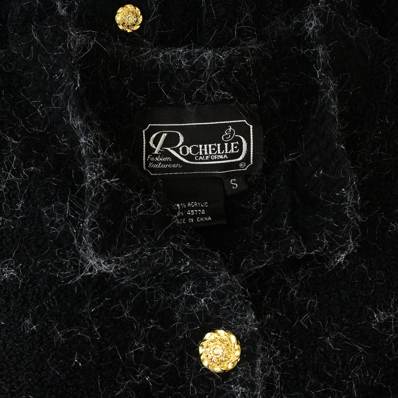 80s Vintage Rochelle Black Fuzzy Knit Jacket Women S Gold Button Boucle Cardigan
