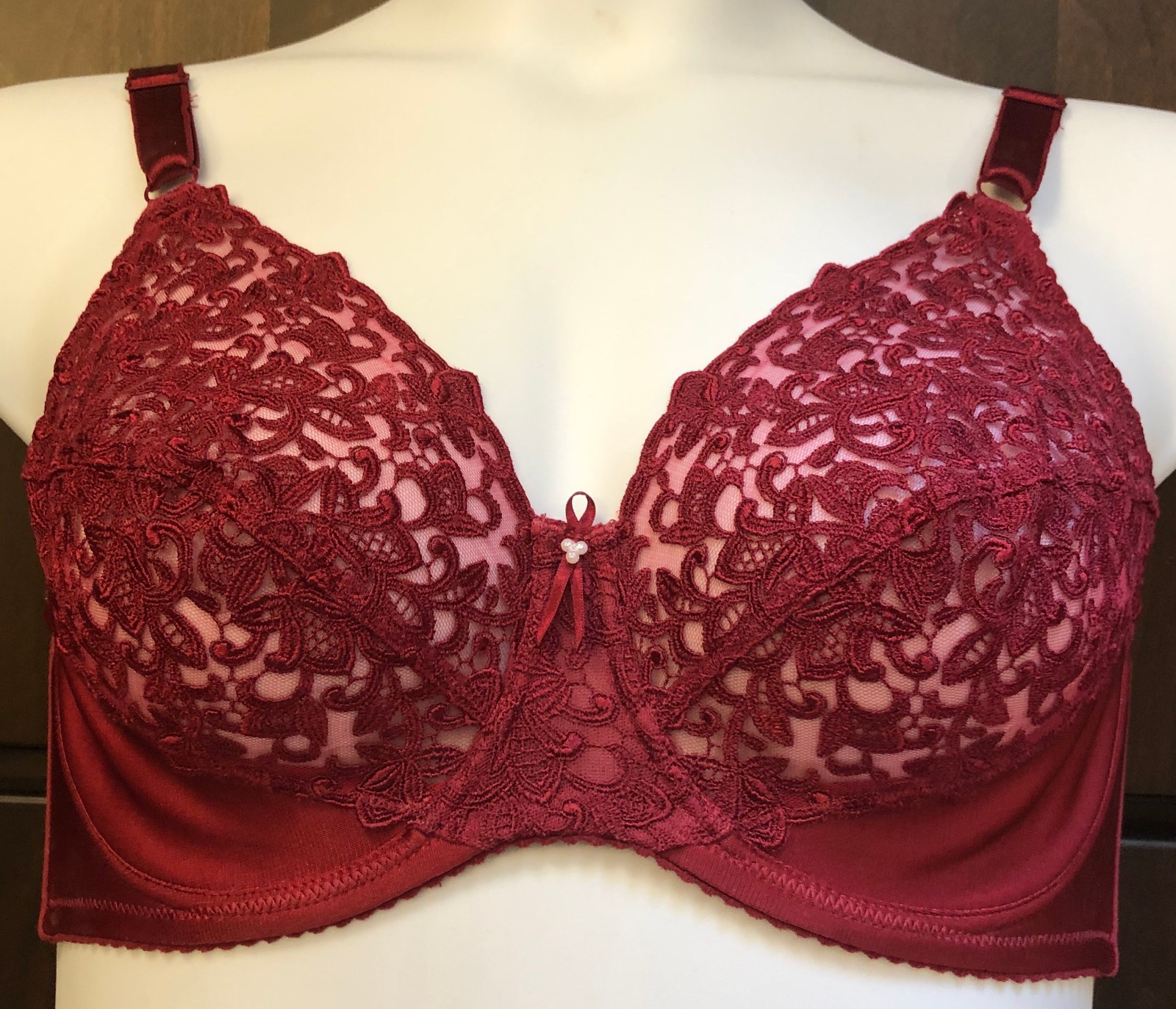 VNTG WACOAL 85109 CABERNET RED TAPESTRY EMBROIDERED LACE UNDERWIRE BRA 34DD EUC
