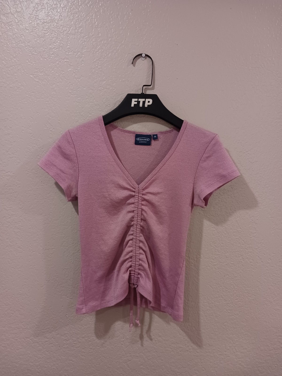 Sideout 1990s Vintage Pink/Silver Women’s Short Sleeve Ruched Adjustable Top