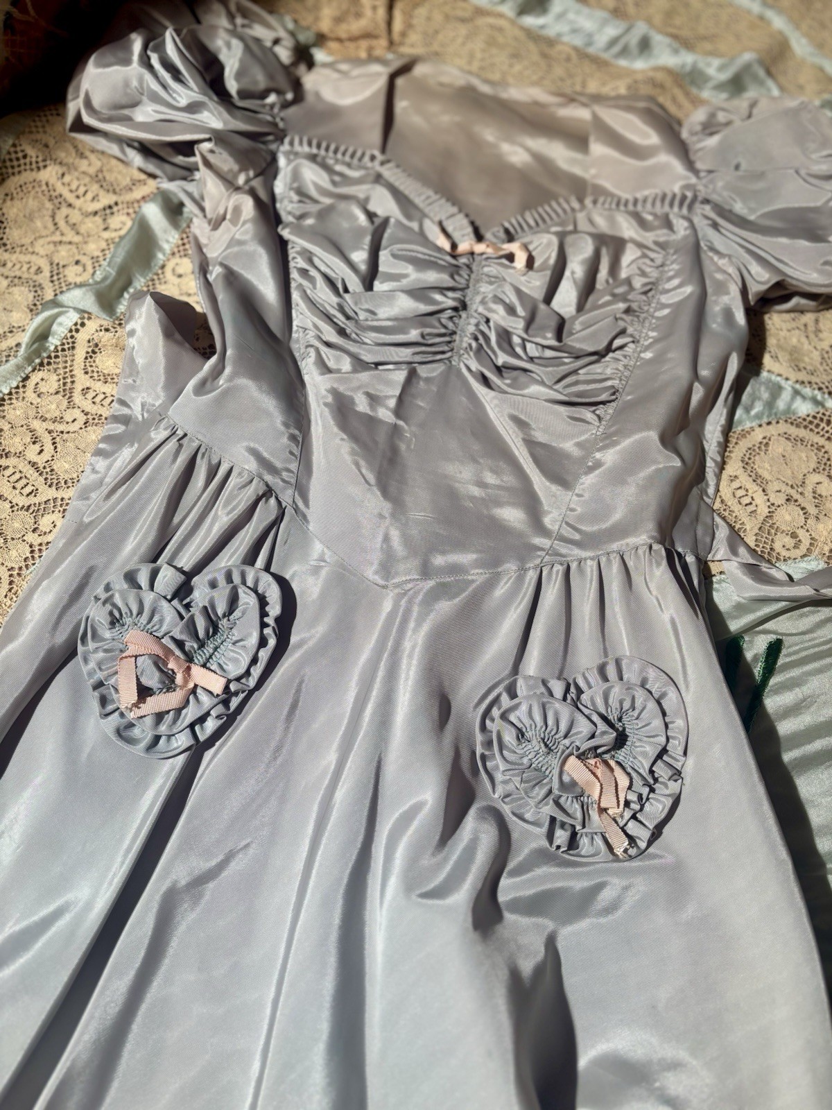 Vintage 1940s Grey Blue Rayon Puff Sleeve Gown with Heart Pockets, Size S-M