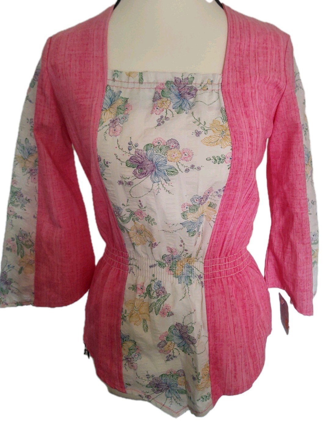 Stage West Vintage Pink Floral Ruched Boho Blouse Flared Sleeves Sz 7 Retro 70’s