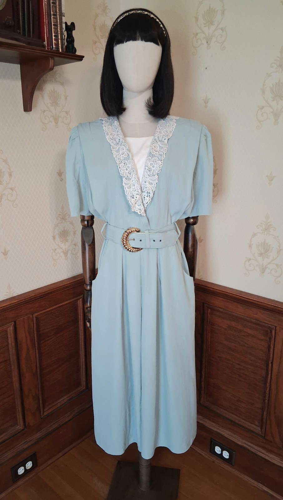 Vintage 1980s SL Fashions Green Lace Collar Cottagecore Secretary Dress w/Belt