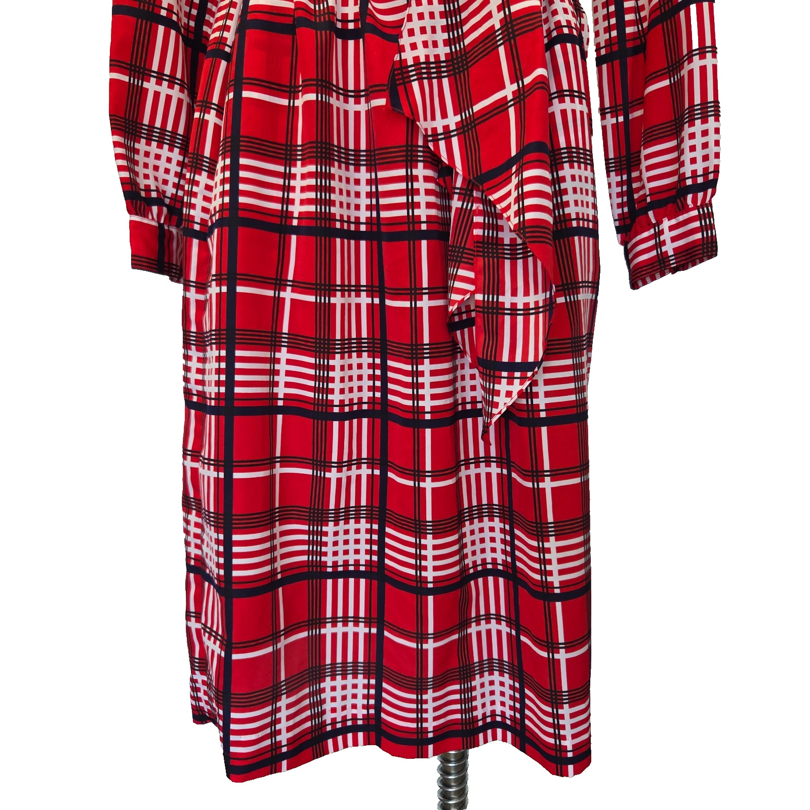 Vintage 70s Red Plaid Midi Shirt Dress Size L Tie Waist Long Sleeve Tartan