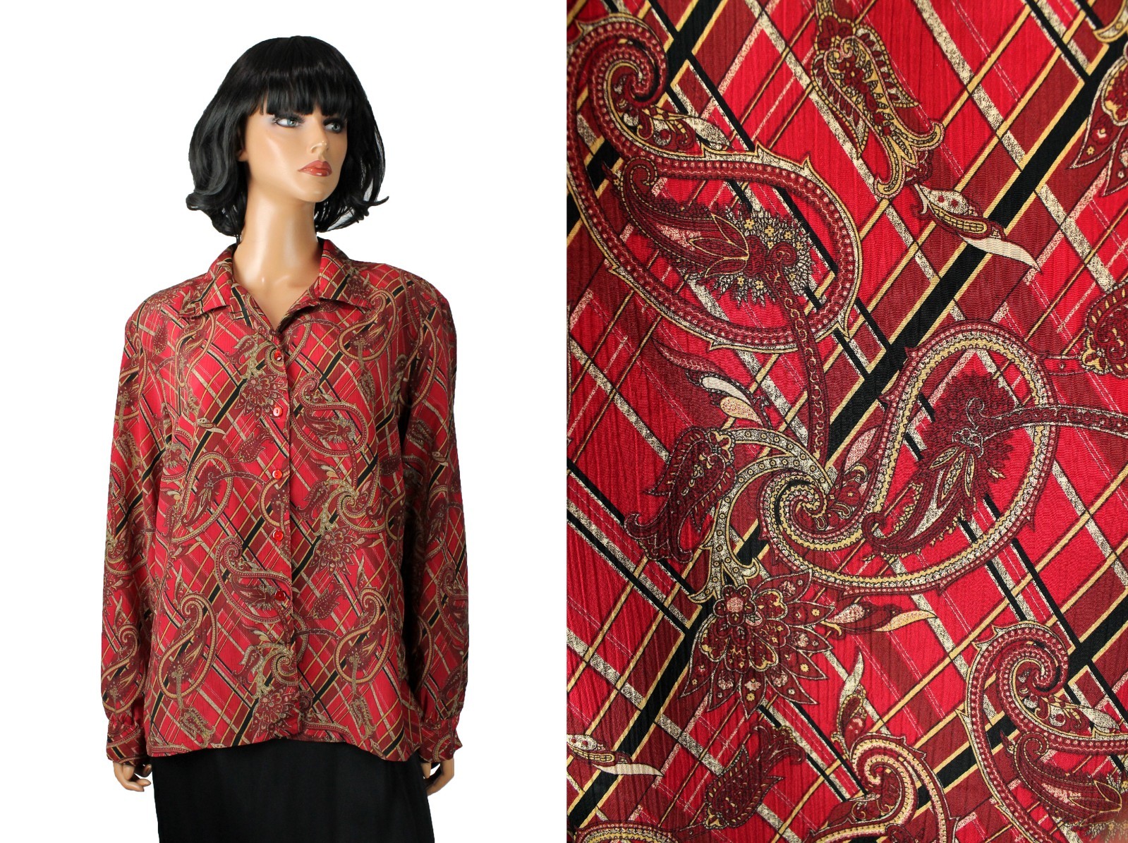 Vintage 90s Blouse XL Donkenny Red Black Beige Paisley Plaid Dress Shirt