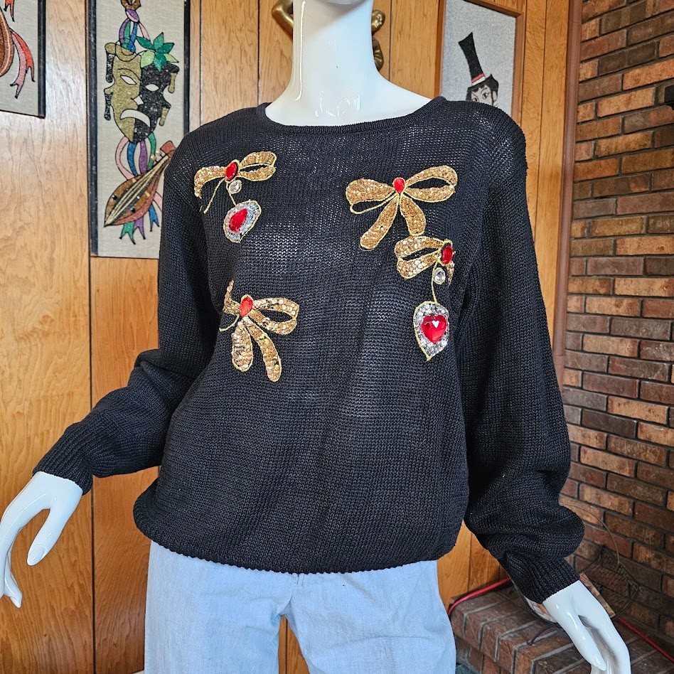 Vtg 80s Lolita Maximalist Kitschy Red Heart Jewel Pullover Black Knit Sweater M