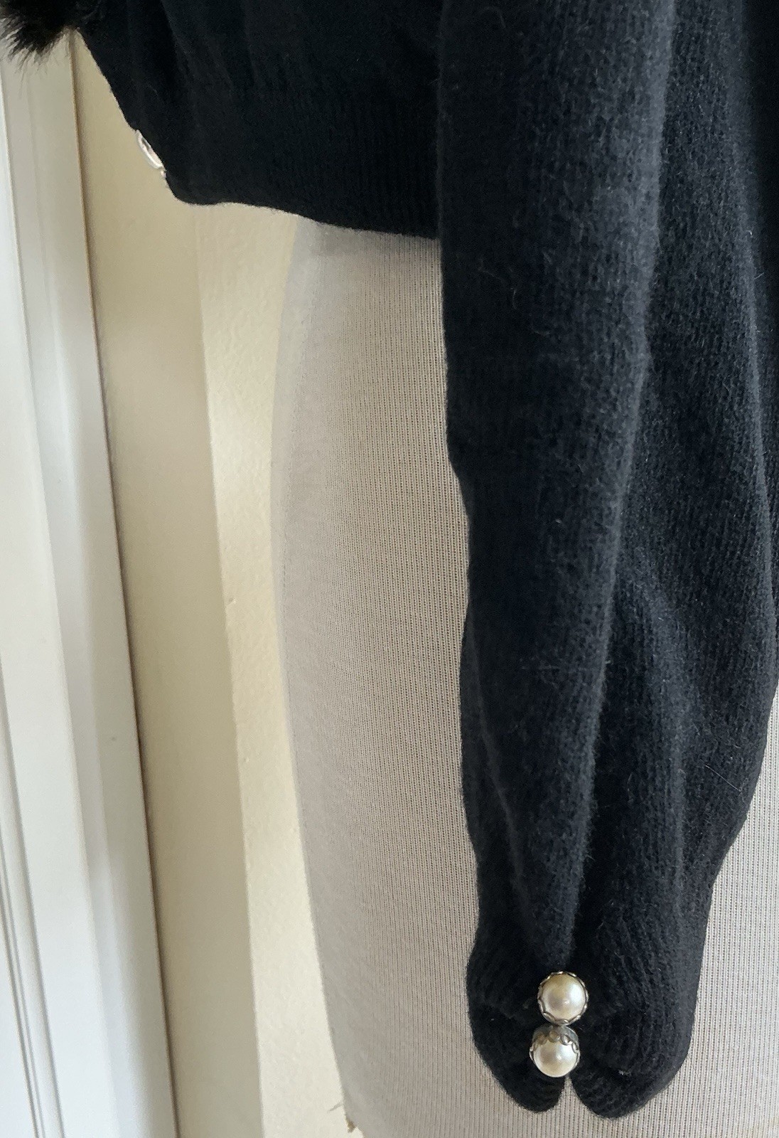 Vtg 50s Bonnie Briar Angora Wool Black Cardigan , Genuine Fur Stole Collar S