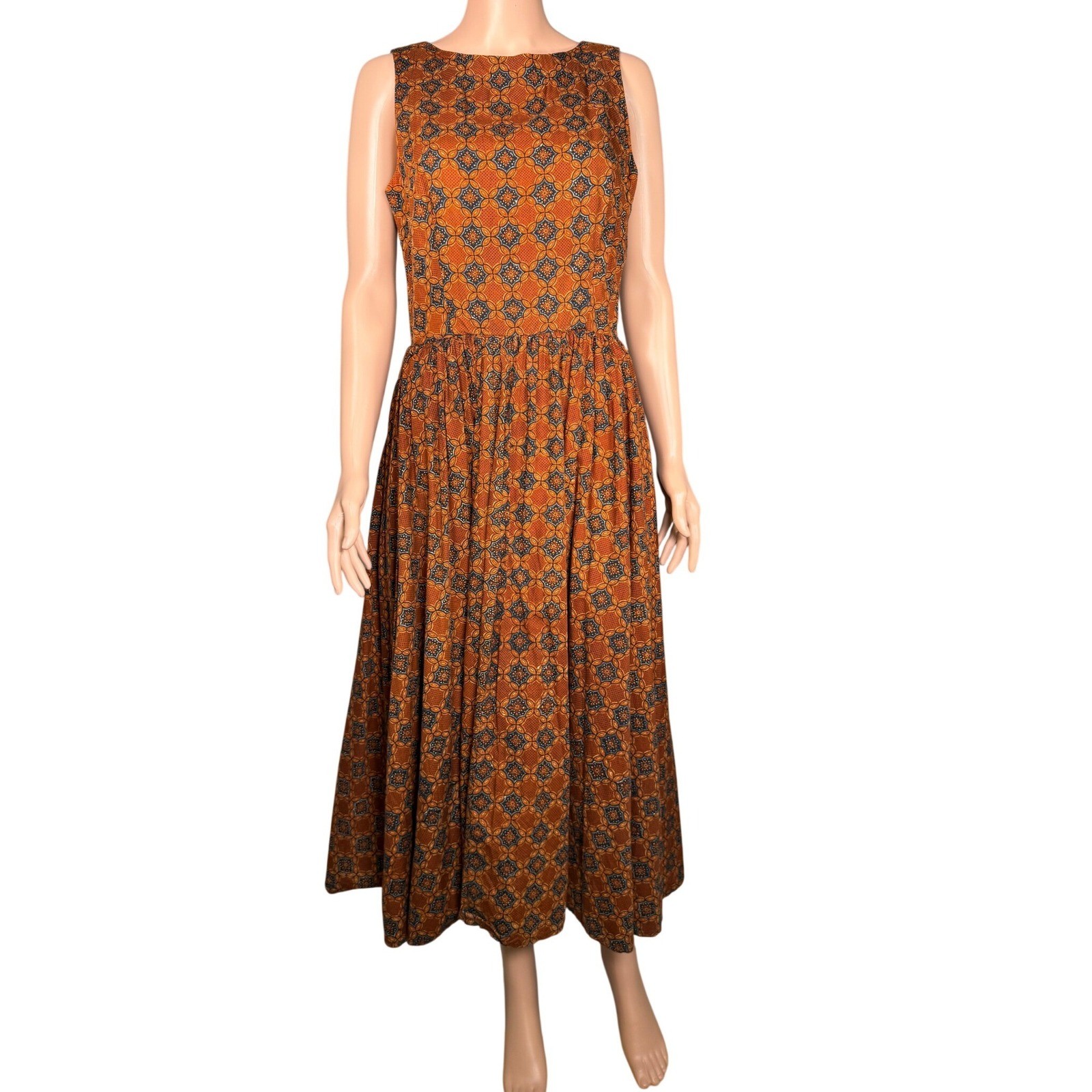 Vintage Saks Fifth Avenue The Kollection Batik Print Midi Dress Brown Yellow 12