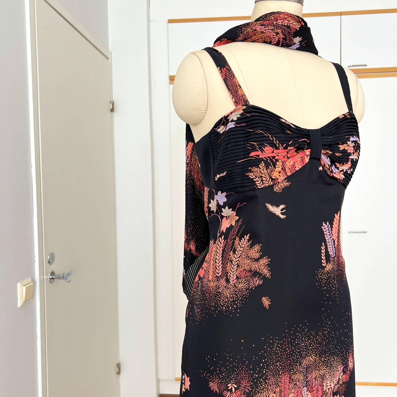 1970s Floral Maxi Dress w/ Scarf Boho Hippie Retro Aline Wedding Guest Summer 42