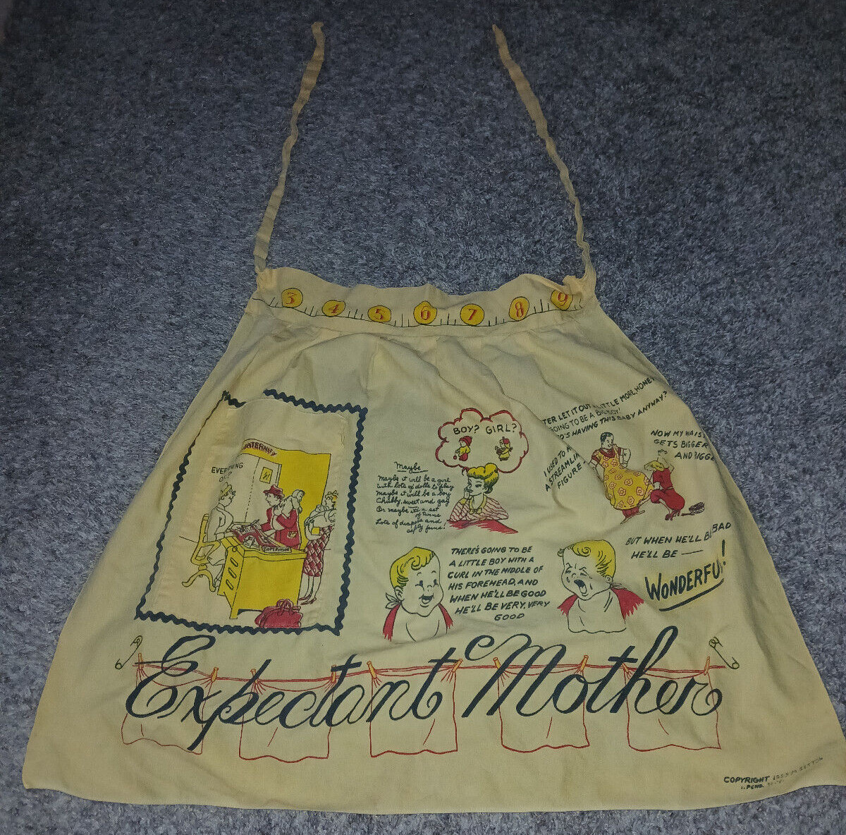 Vintage 1955 M. Setton Yellow Expectant mother Comical Apron Baby Shower Gift !!